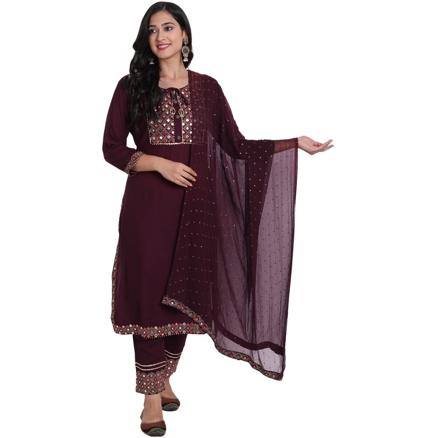 Ziva Fashion Women's Rayon Straight Kurta with Pant and Dupatta (131-Wine-S_Wine_L)