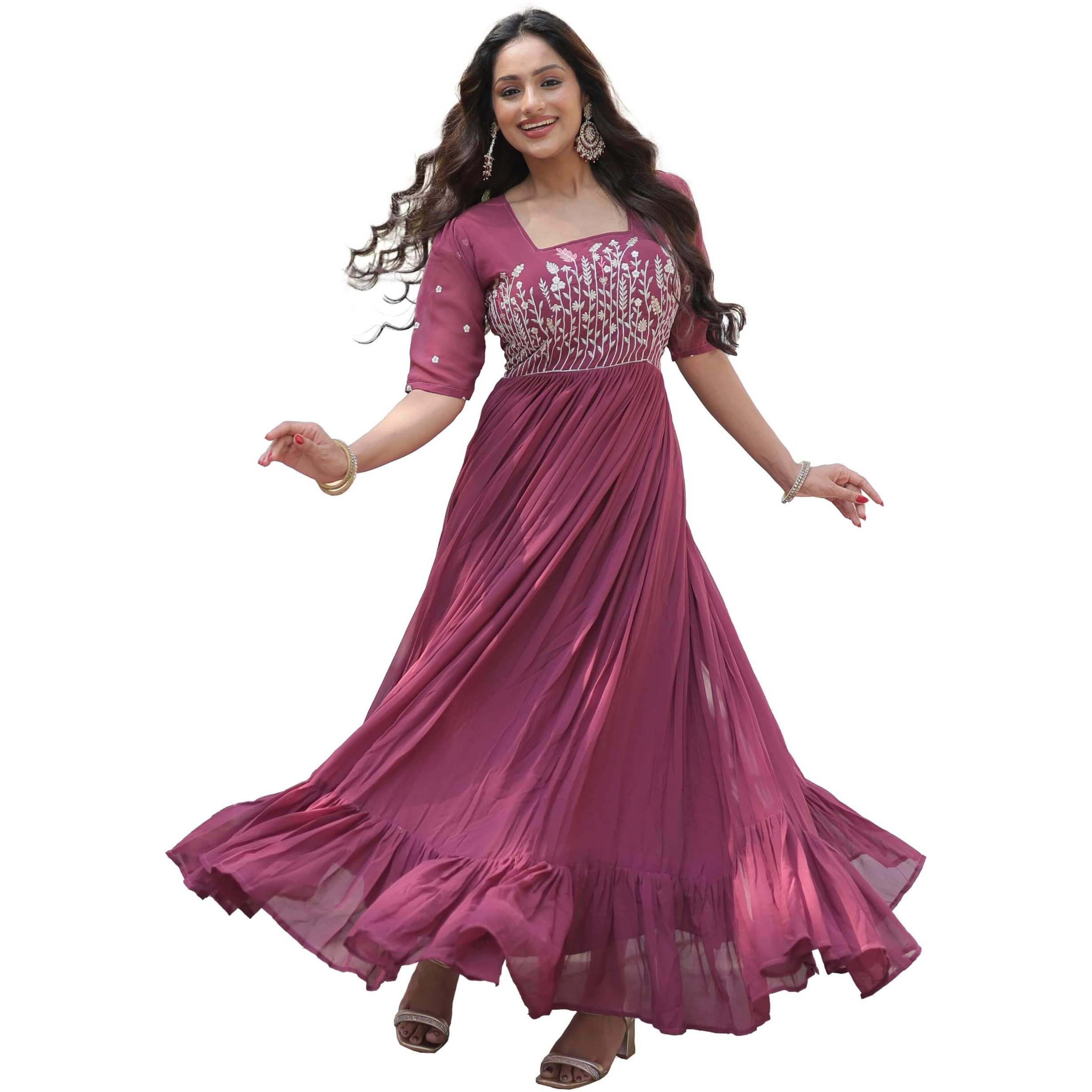 Fashion Basket Georgette Anarkali Gown with Sequins and Embroidery for Women with Long Sleeves (Large, Magenta)
