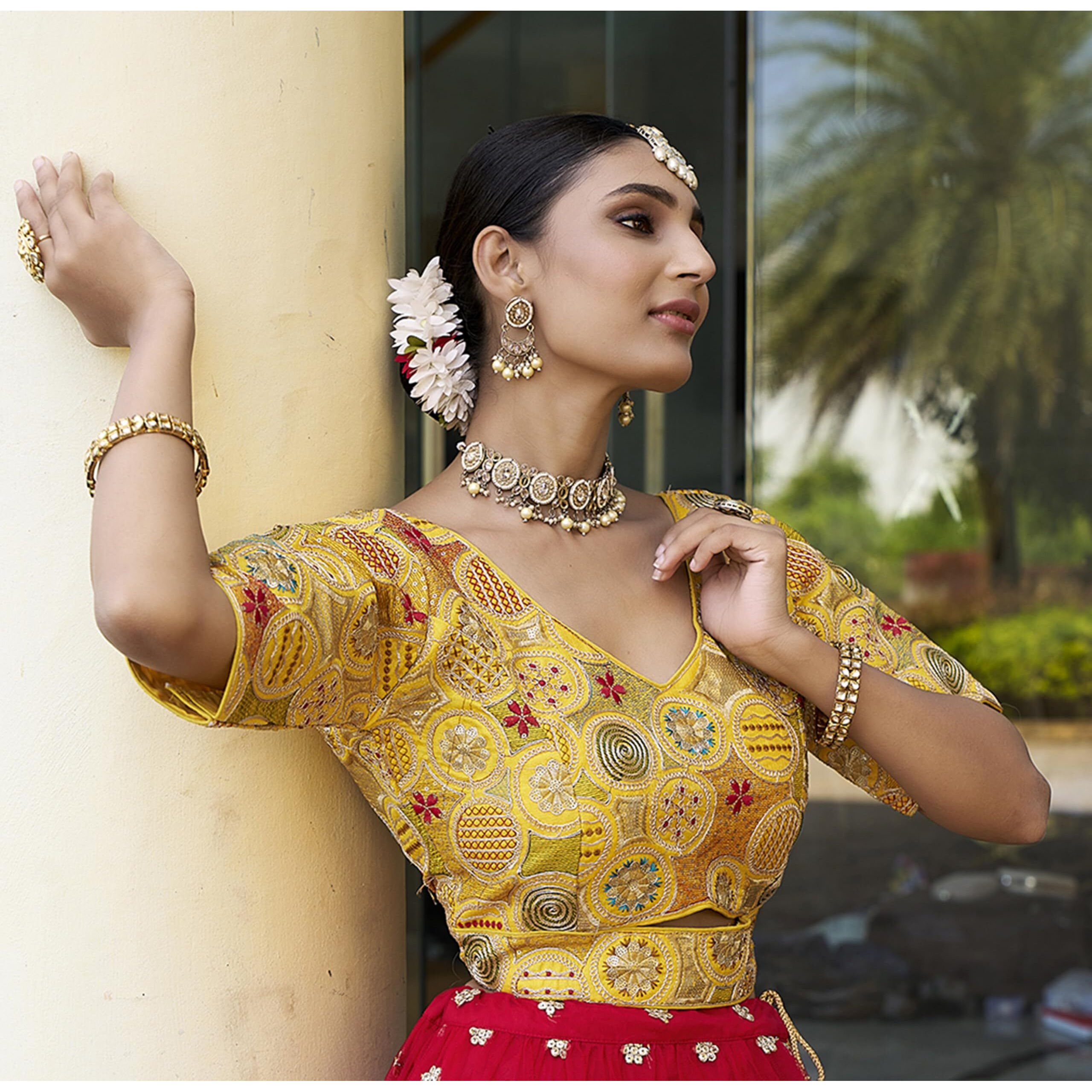 Pujia Mills Women's Blouse Readymade Blouse Embroidery Multi Coding Gold Thread Blouses Handwork Yellow Color Readymade Saree Blouse for Women for Saree and Lehenga Choli (A2420 Yellow 42)