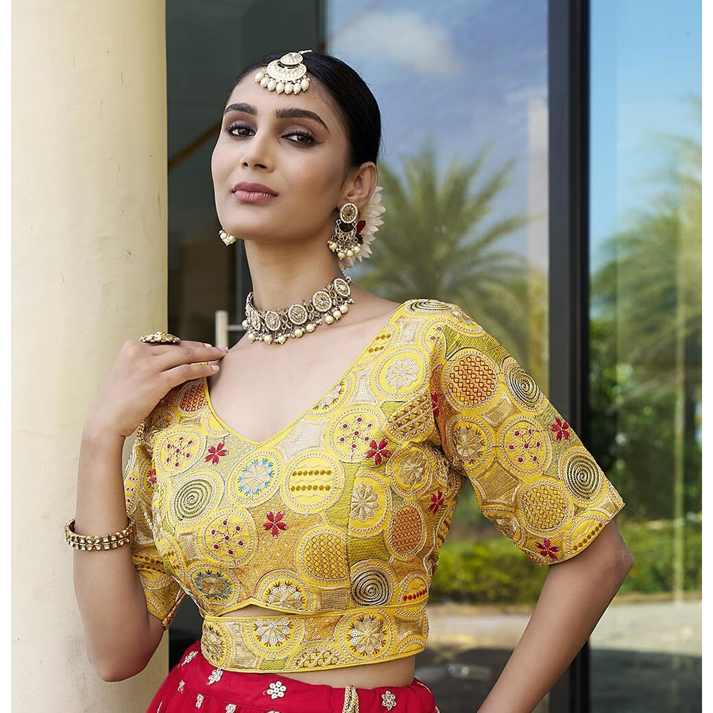 Pujia Mills Women's Blouse Readymade Blouse Embroidery Multi Coding Gold Thread Blouses Handwork Yellow Color Readymade Saree Blouse for Women for Saree and Lehenga Choli (A2420 Yellow 42)
