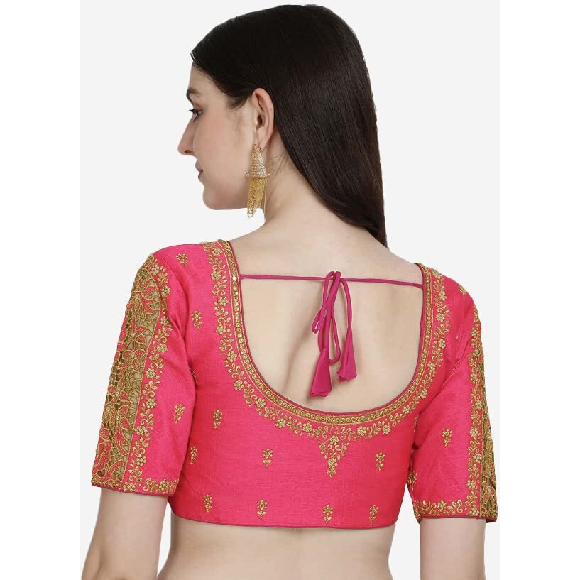 Pujia Mills Women's Silk Floral Half Sleeve Regular Blouse (Gulab Gajri 38)