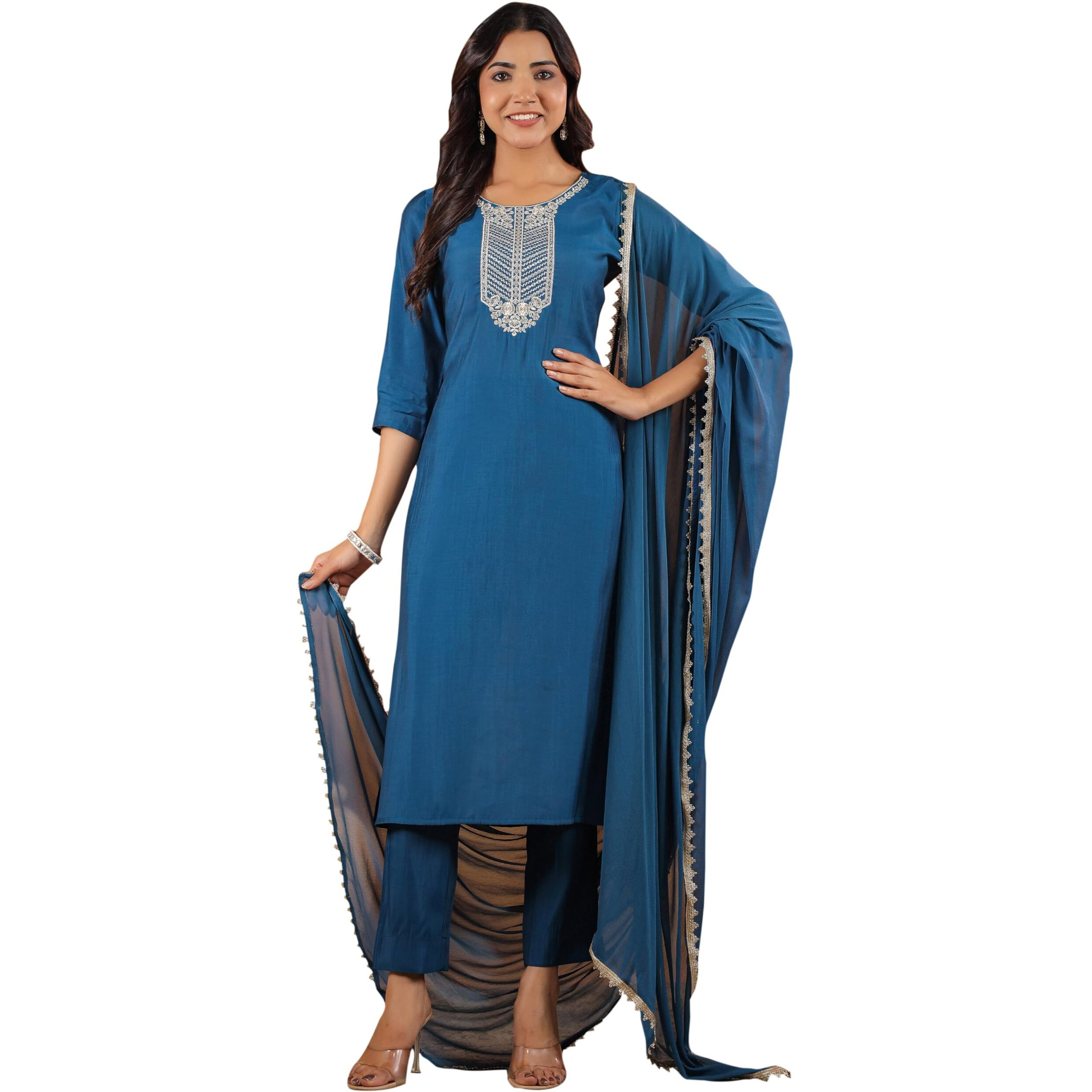 Janasya Women's Teal Blue Chanderi Silk Yoke Embroidered Straight Kurta Set (JAB24ST00968-S)