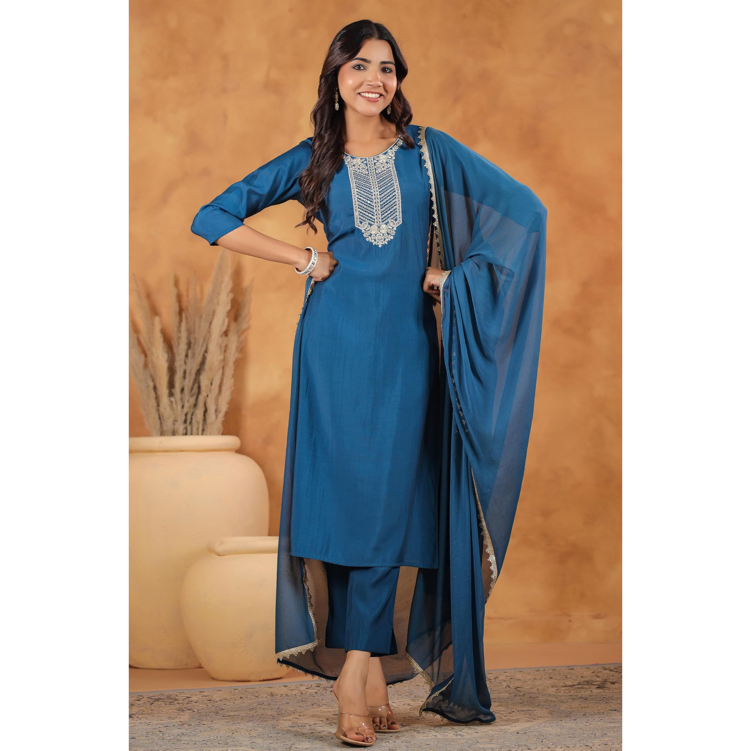 Janasya Women's Teal Blue Chanderi Silk Yoke Embroidered Straight Kurta Set (JAB24ST00968-S)
