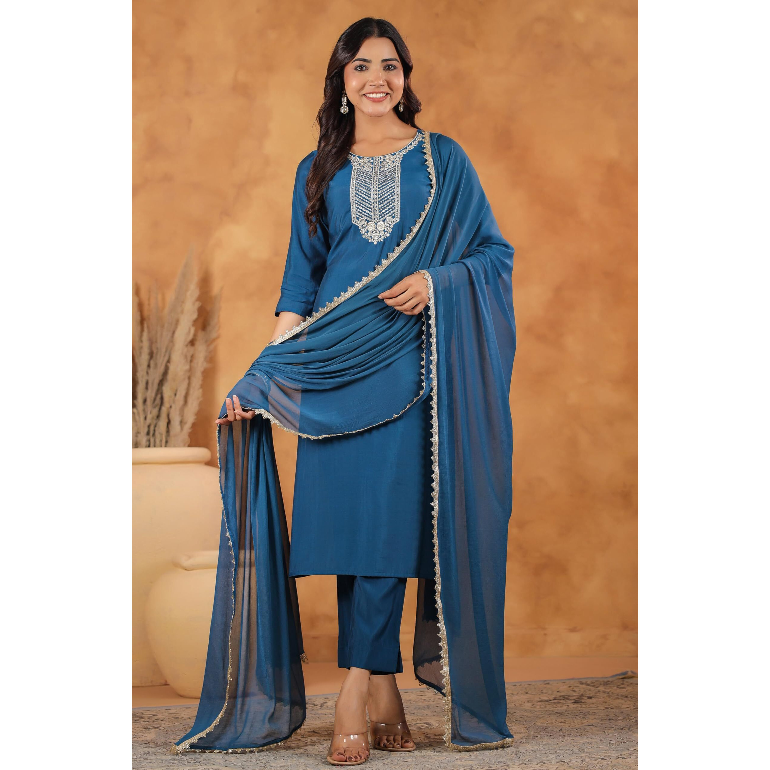 Janasya Women's Teal Blue Chanderi Silk Yoke Embroidered Straight Kurta Set (JAB24ST00968-S)