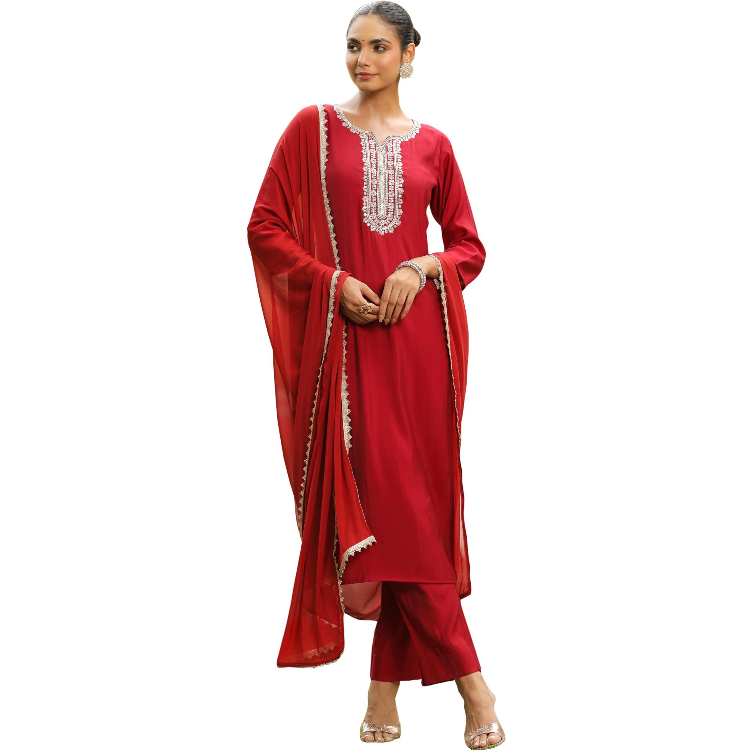 Janasya Women's Maroon Chanderi Silk Yoke Embroidered Straight Kurta Set (JAB24ST00963-XS)