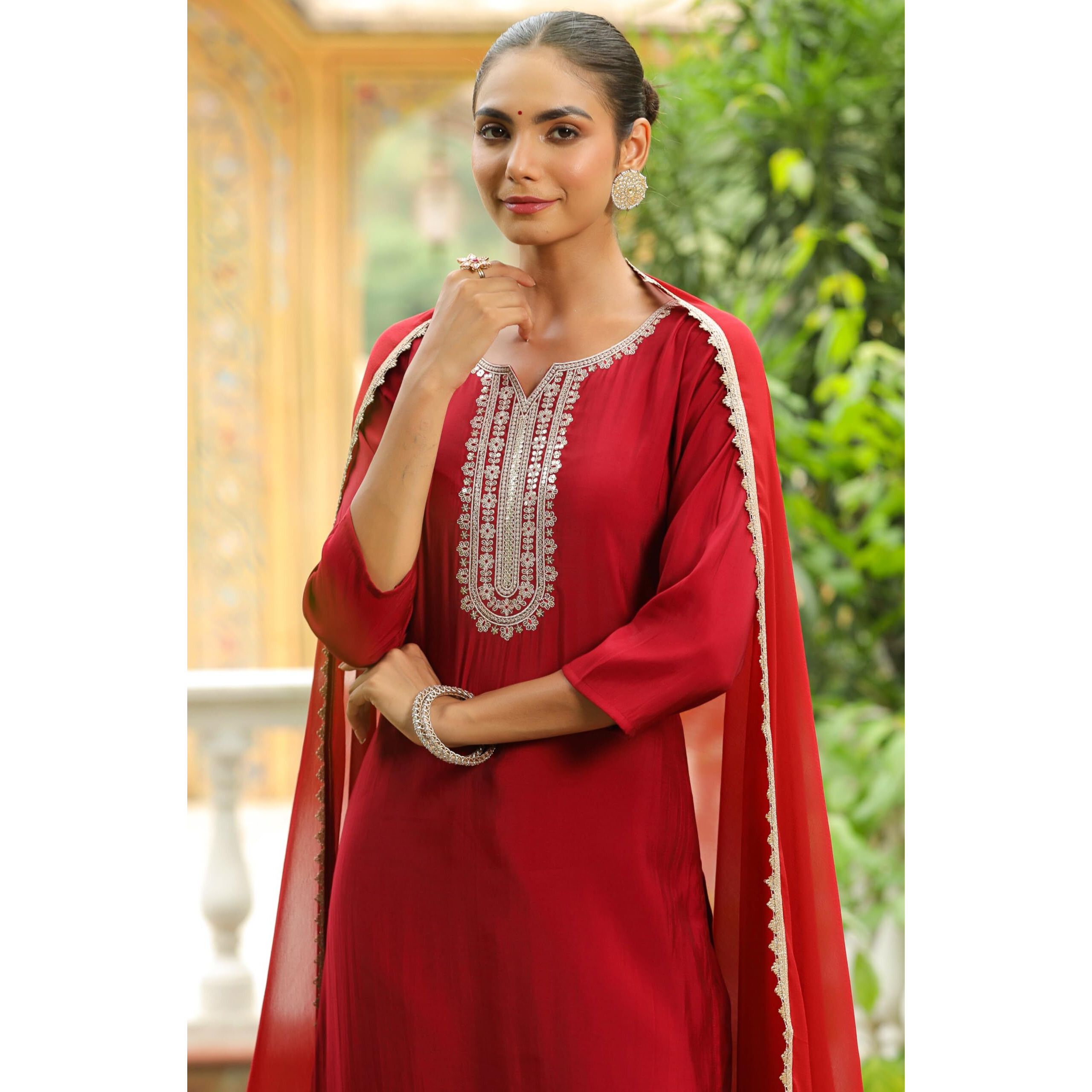 Janasya Women's Maroon Chanderi Silk Yoke Embroidered Straight Kurta Set (JAB24ST00963-XS)