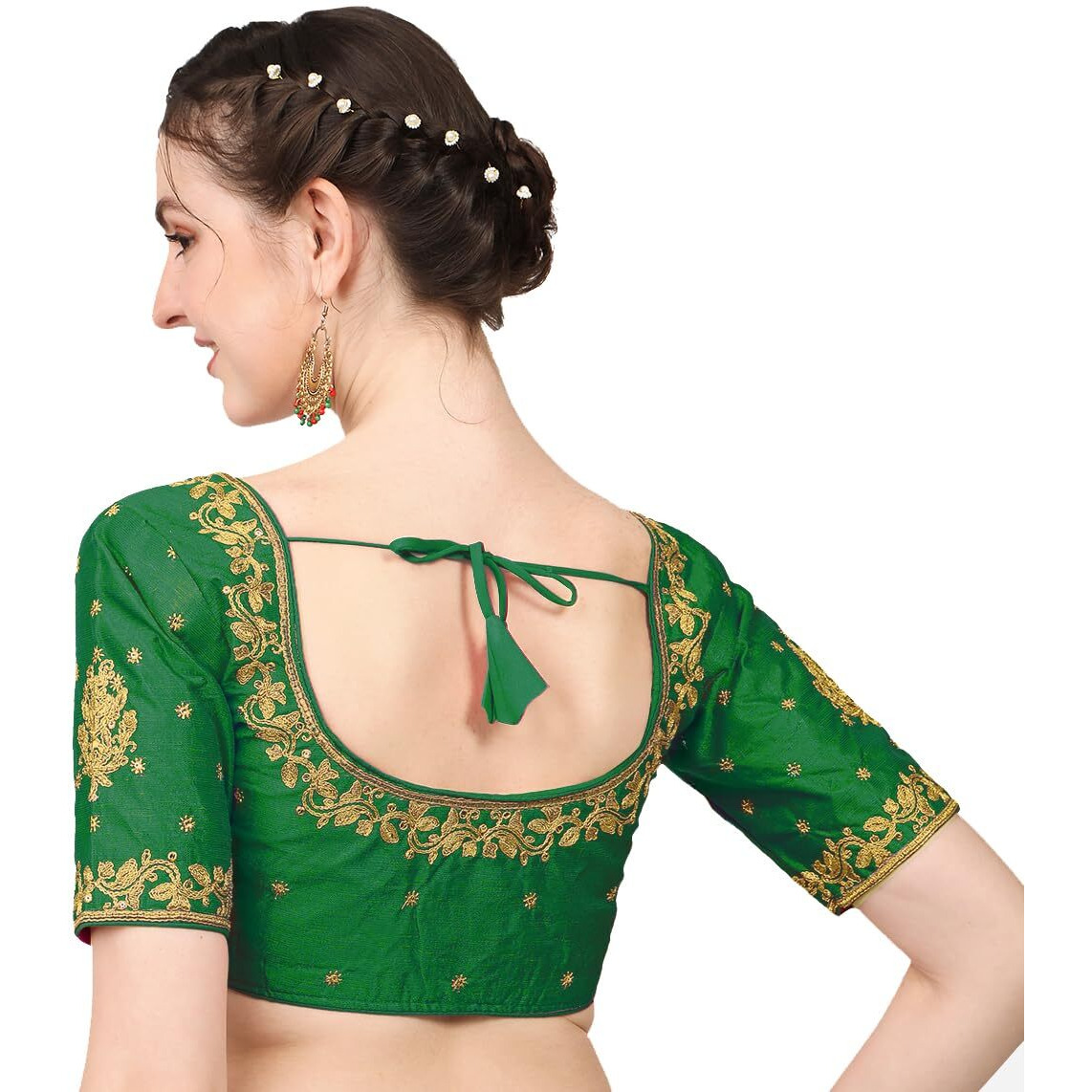 Pujia Mills blouse readymade stylish design half sleeve blouse readymade maggam work blouse for women saree blouse readymade blouses for women readymade aari work blouse (Green Blouse, 36)