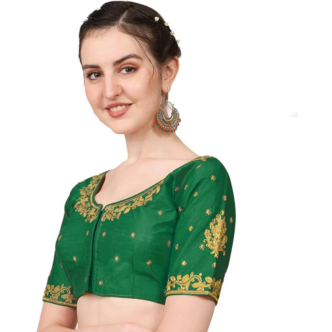 Pujia Mills blouse readymade stylish design half sleeve blouse readymade maggam work blouse for women saree blouse readymade blouses for women readymade aari work blouse (Green Blouse, 36)