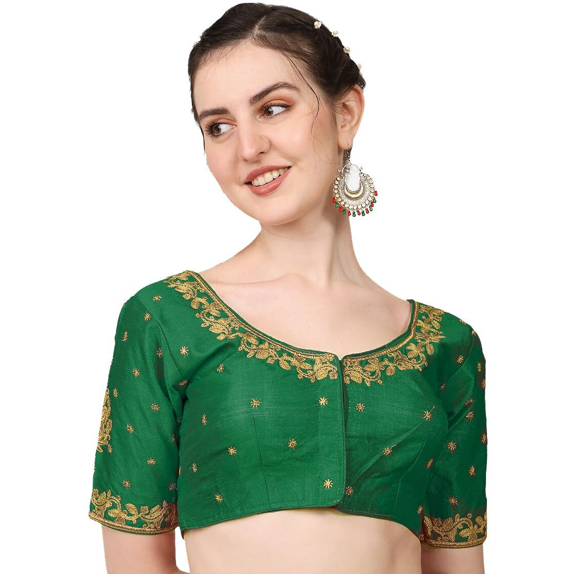 Pujia Mills blouse readymade stylish design half sleeve blouse readymade maggam work blouse for women saree blouse readymade blouses for women readymade aari work blouse (Green Blouse, 36)