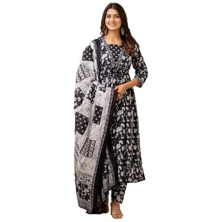 SHIENZY Women's Cotton Blend Kurta Pant with Dupatta (1609_KBD-XXL_Black_2XL)