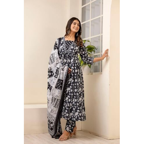 SHIENZY Women's Cotton Blend Kurta Pant with Dupatta (1609_KBD-XXL_Black_2XL)