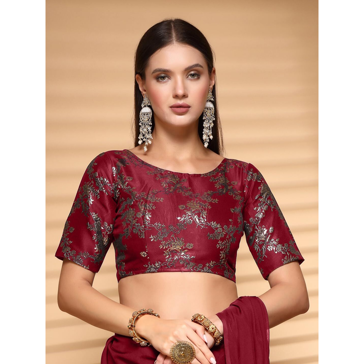 OOMPH Readymade Blouse for Women, Brocade, Boat Neck, rbbl513