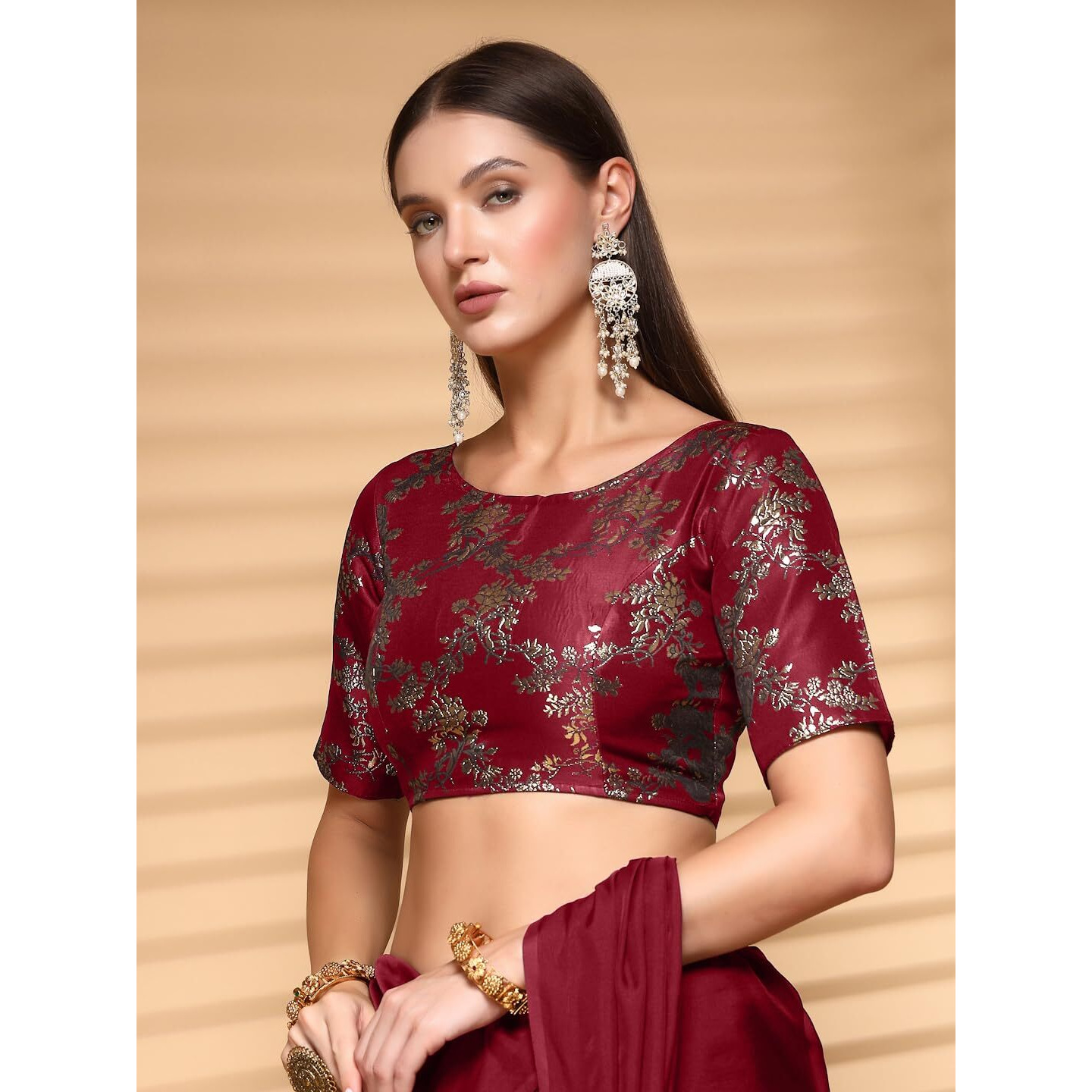 OOMPH Readymade Blouse for Women, Brocade, Boat Neck, rbbl513