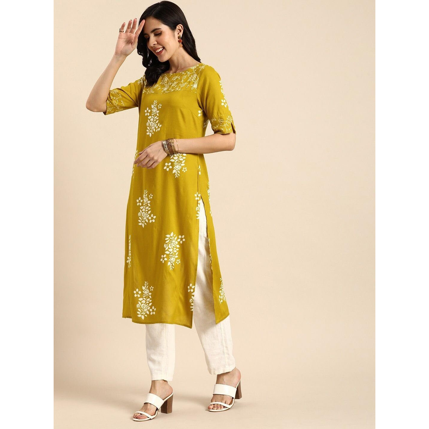 rytras Women's Printed Straight Kurta(RYT570,Mustard,3XL)