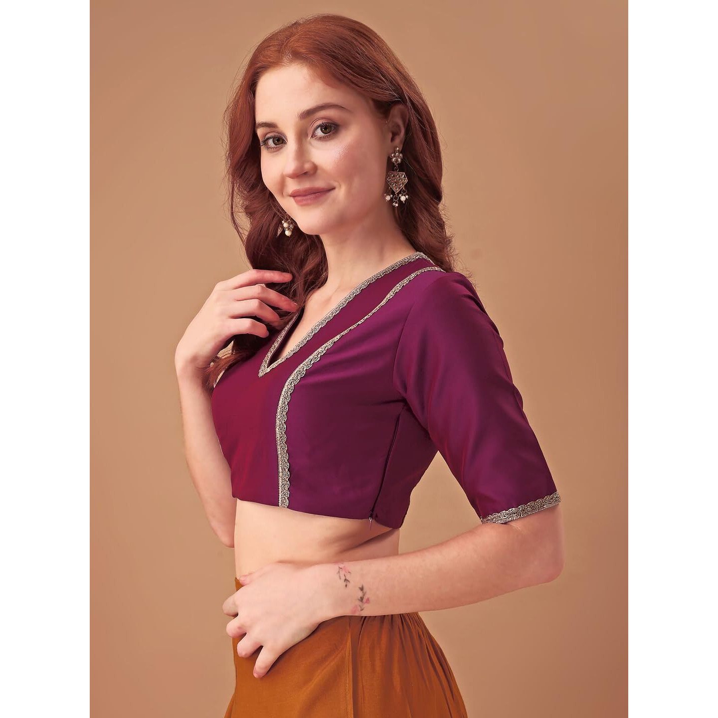 Womanista Women's Taffeta Solid Short Sleeve Regular Fit Blouse (BL_56_Magenta Medium)