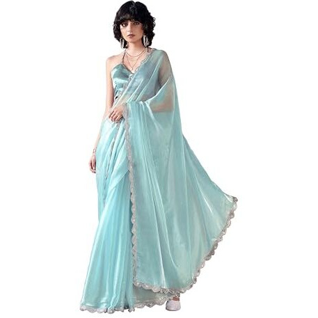 Womanista Women's Jimmychoo Solid Blue Saree Embellished Lace With Un-stitched blouse