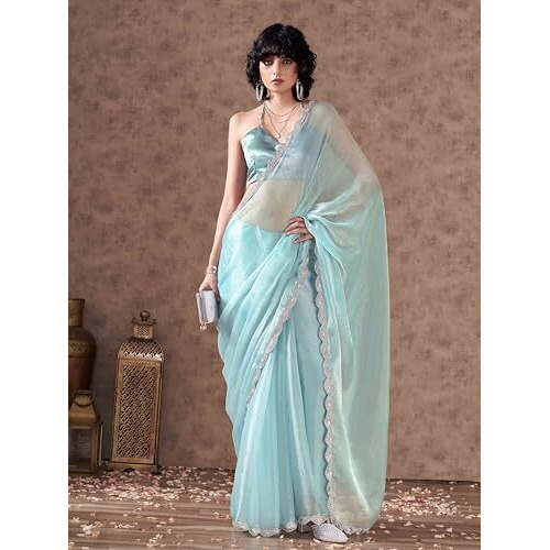 Womanista Women's Jimmychoo Solid Blue Saree Embellished Lace With Un-stitched blouse