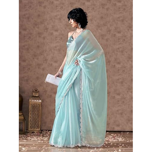 Womanista Women's Jimmychoo Solid Blue Saree Embellished Lace With Un-stitched blouse