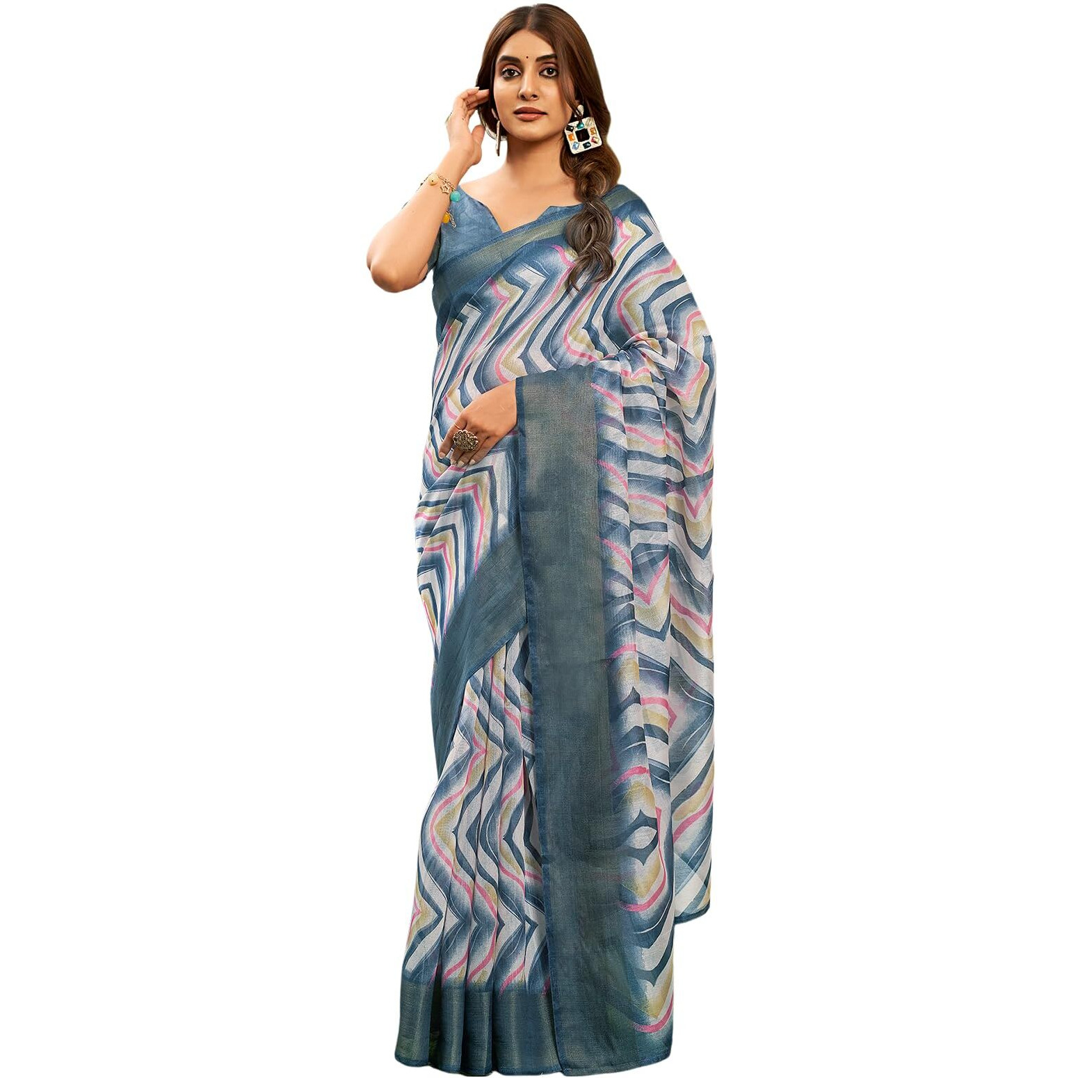 SAMAH Women's Cotton Blend Saree (3772S169N_Grey)