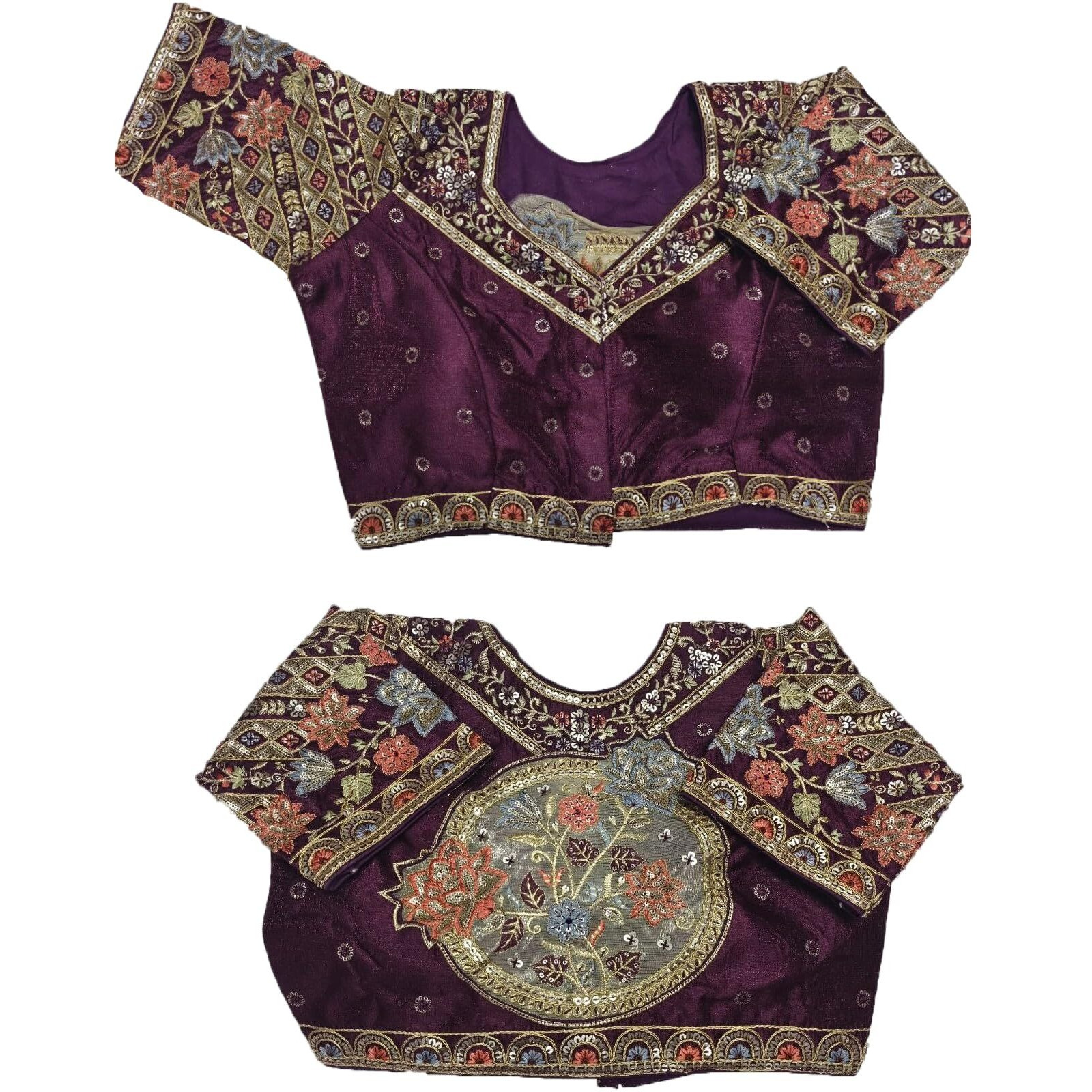 Pujia Mills Women's Readymade Ethnic Wear Golden Codding with Multi Embroidery Sequence Work Sweetheart Neck Half Sleeve Readymade Bridal Wine Saree Blouse Readymade Net Cutwork Blouse for Lehenga