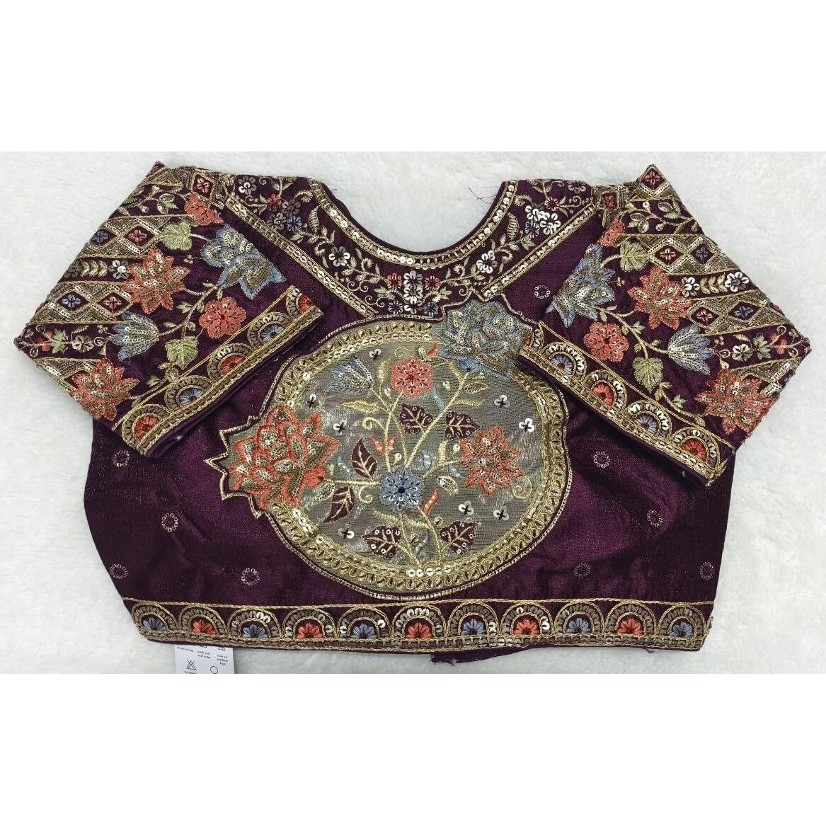 Pujia Mills Women's Readymade Ethnic Wear Golden Codding with Multi Embroidery Sequence Work Sweetheart Neck Half Sleeve Readymade Bridal Wine Saree Blouse Readymade Net Cutwork Blouse for Lehenga