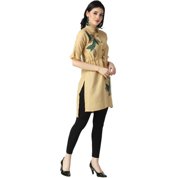 OM SAI LATEST CREATION Designer Slub Rayon Fully Stitched Straight Kurti for Women & Girls on Jeans Palazzo or Skirt (Plus Size Upto 2XL)-(Black) (Beige, Medium)