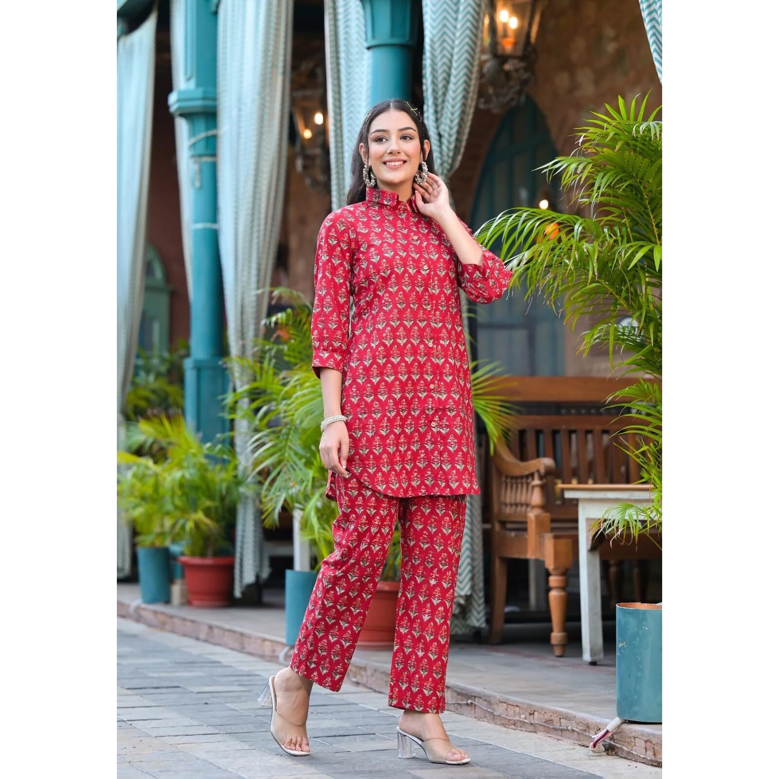 Leriya Fashion Women Ethnic Kurta Set | Cotton Blend Kalista Co-Ord Set | Casual Wear Pant Top Set | Fancy Pajama Set | Pack of 2 | Floral Printed Top & Pant Set (XXX-Large, Red) LF-K-W1727&TR818