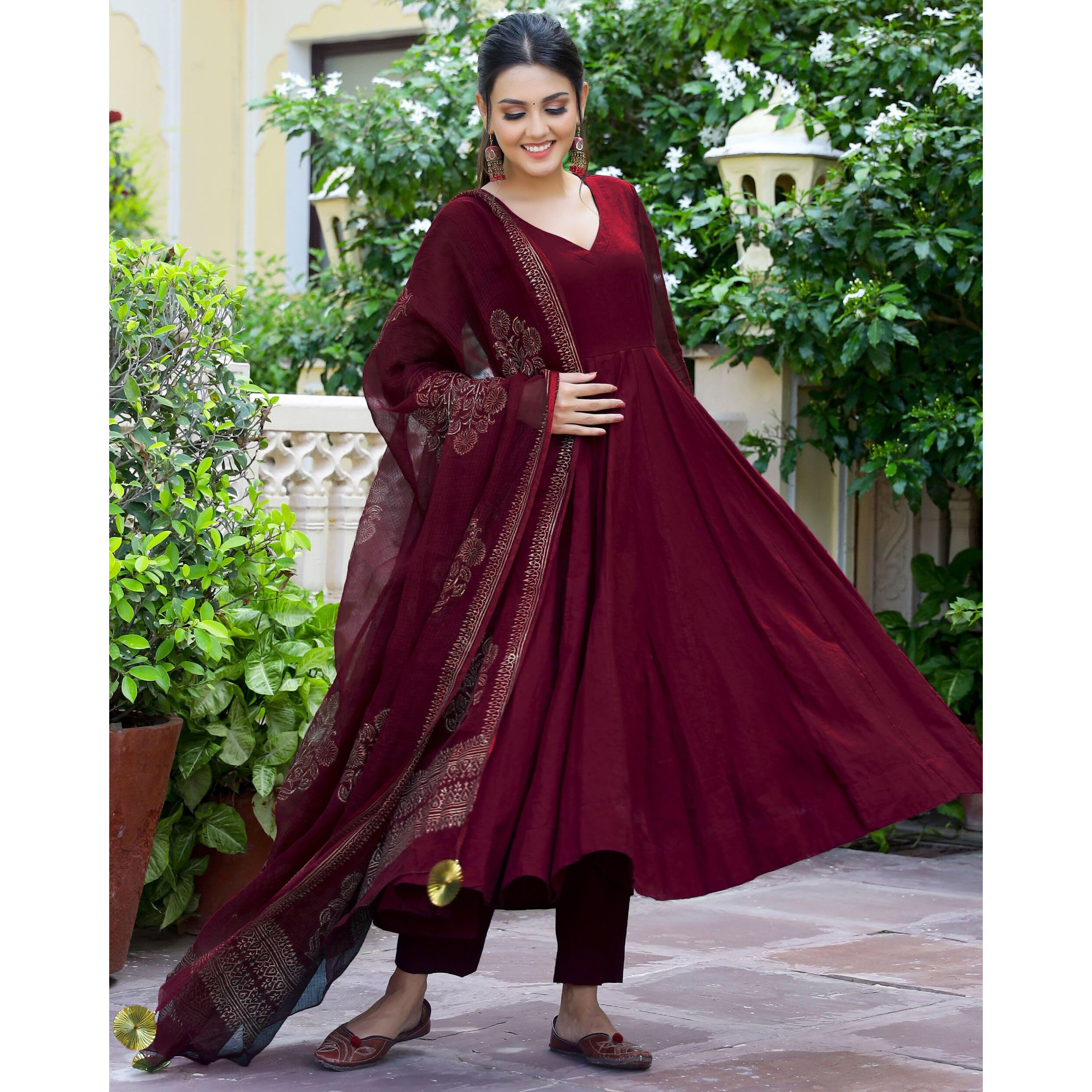 ANNI DESIGNER Women's Rayon Blend Solid Anarkali Kurta with Pant & Dupatta (Magic-Wine_5XL_Wine_XXXXX-Large)