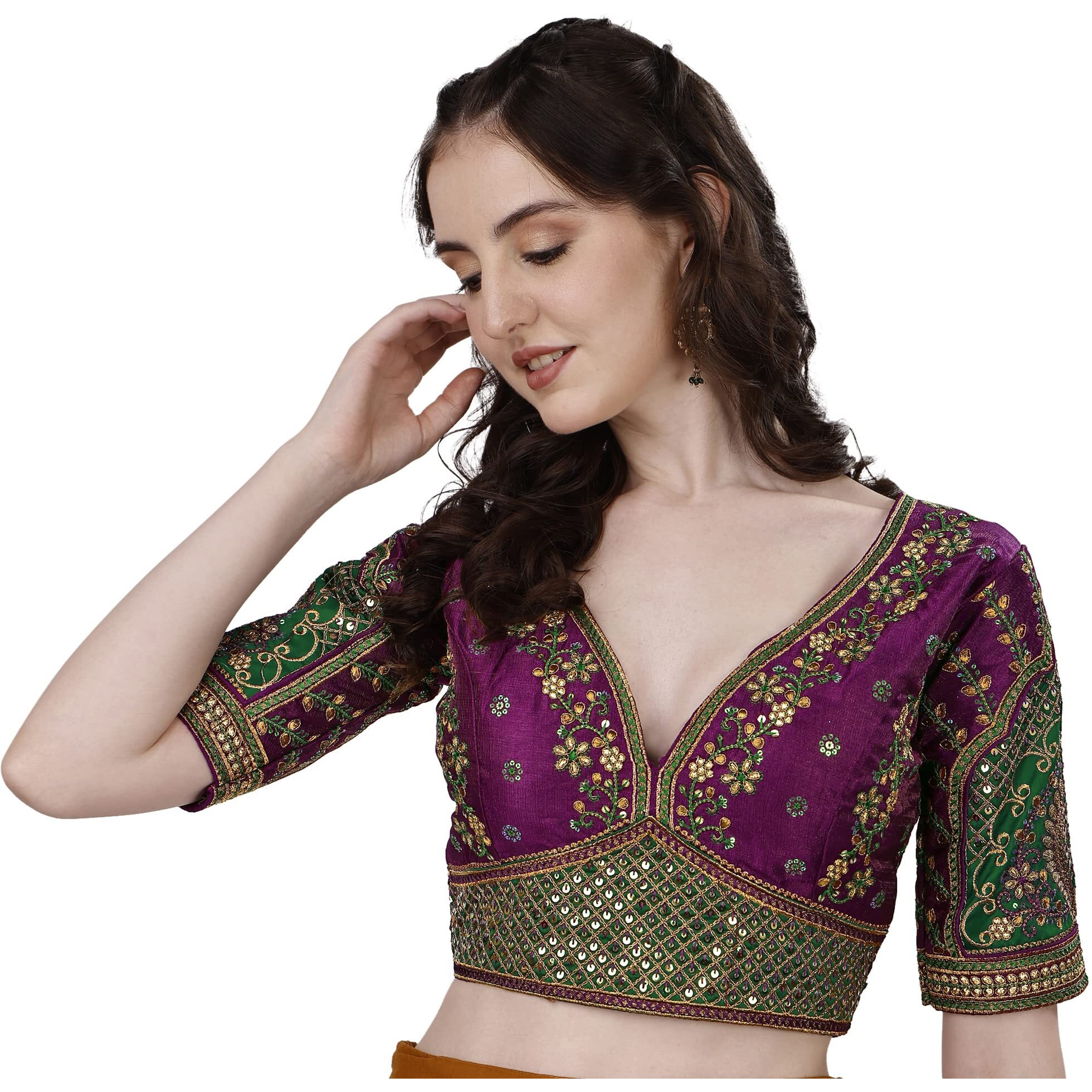 Pujia Mills Women's Heavy Embroidery Coding with Sequins Work Half Sleeves Fancy Readymade Saree Blouse(Rajwadi Wine_42)