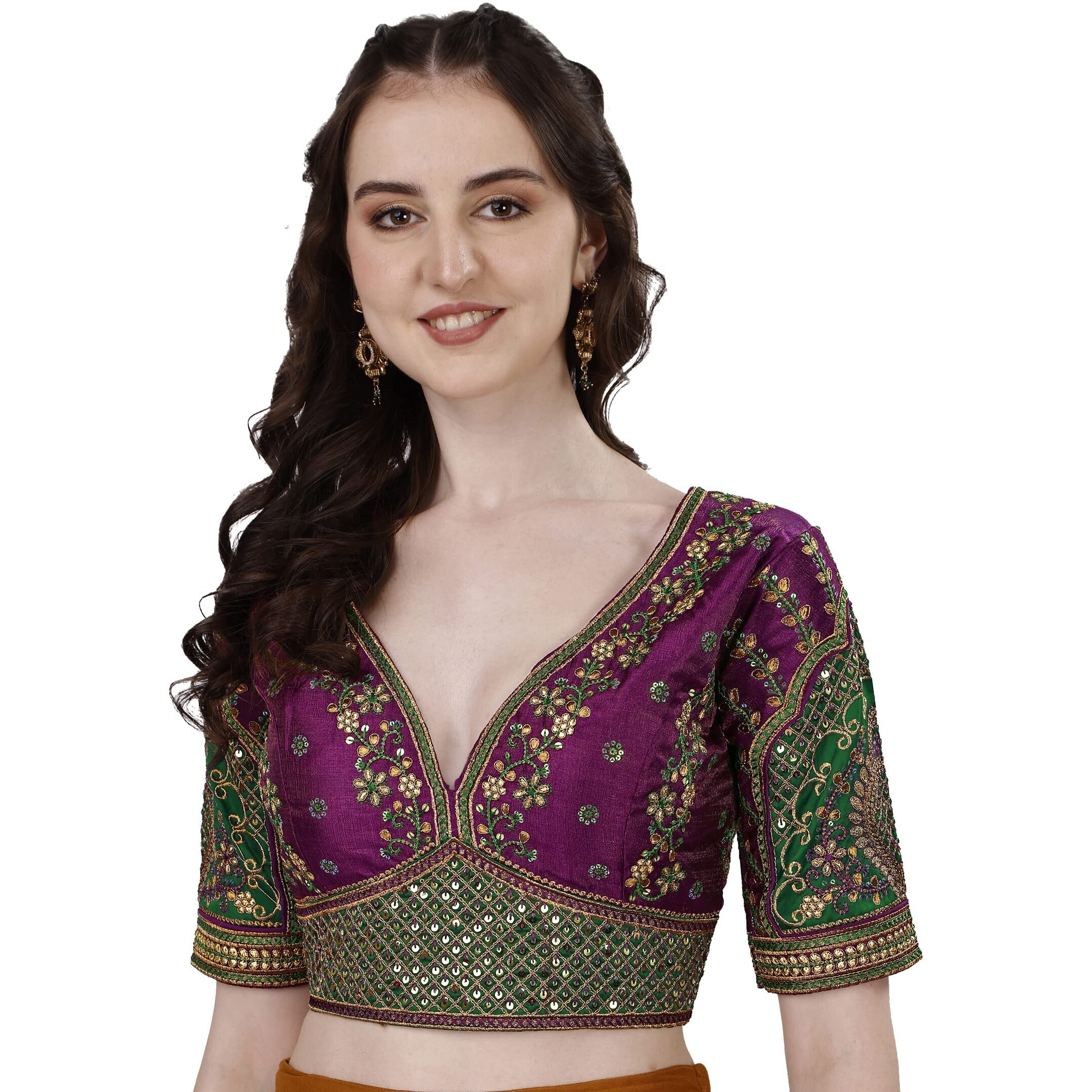 Pujia Mills Women's Heavy Embroidery Coding with Sequins Work Half Sleeves Fancy Readymade Saree Blouse(Rajwadi Wine_42)