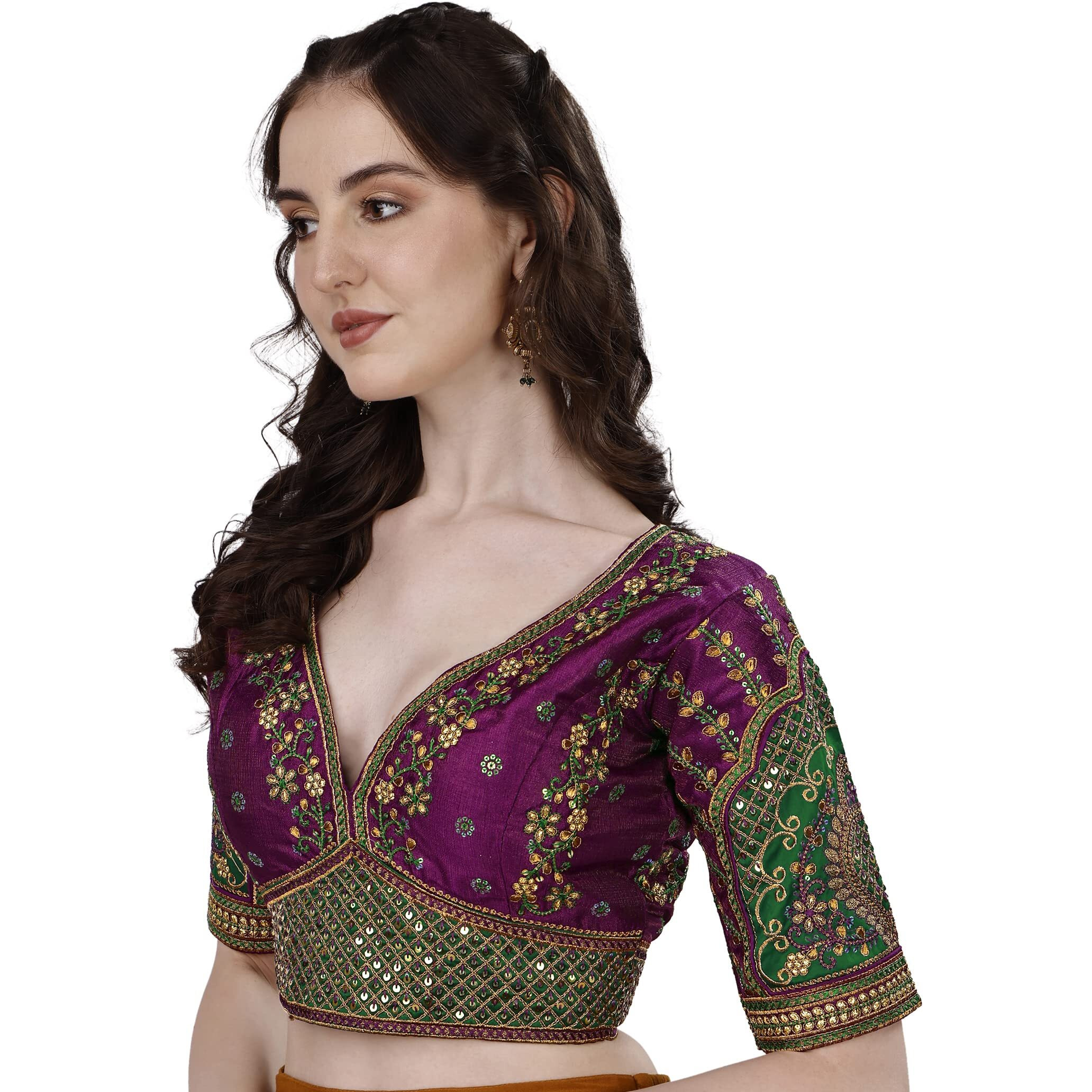 Pujia Mills Women's Heavy Embroidery Coding with Sequins Work Half Sleeves Fancy Readymade Saree Blouse(Rajwadi Wine_42)