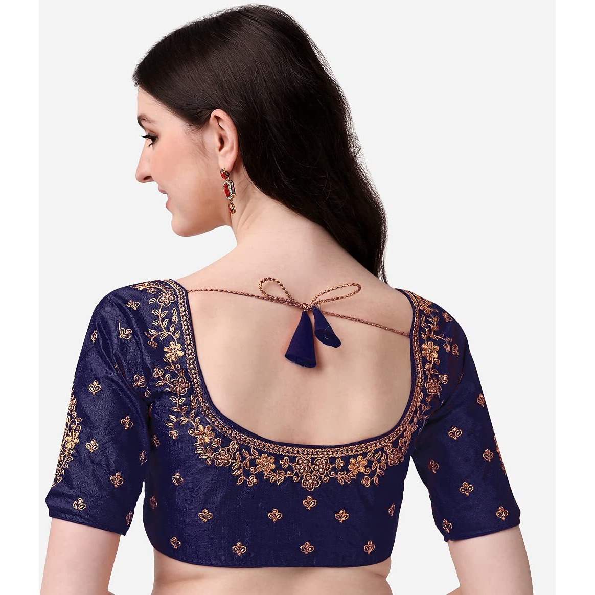 Pujia Mills Women's Silk Embroidery Coding Multi Work Readymade Saree Blouse(Reshma Navy Blue_38)