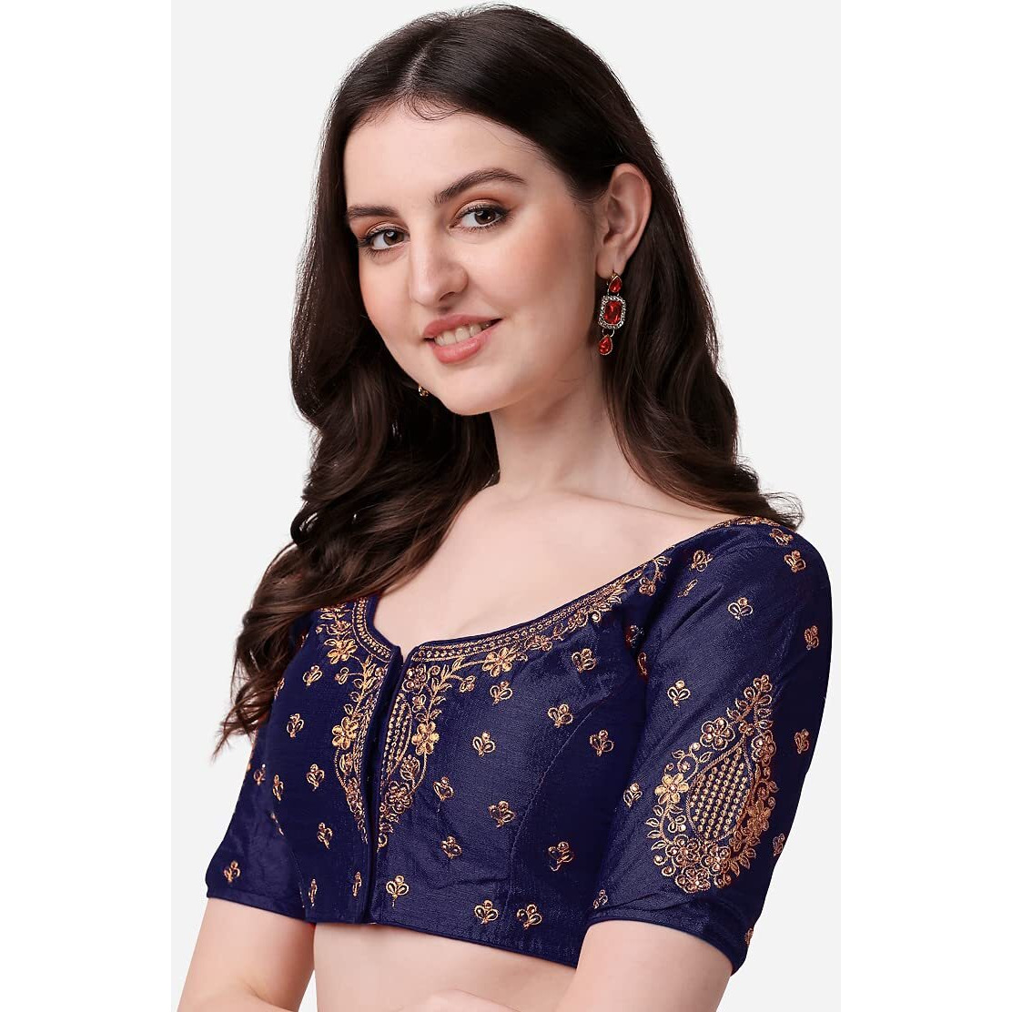 Pujia Mills Women's Silk Embroidery Coding Multi Work Readymade Saree Blouse(Reshma Navy Blue_38)