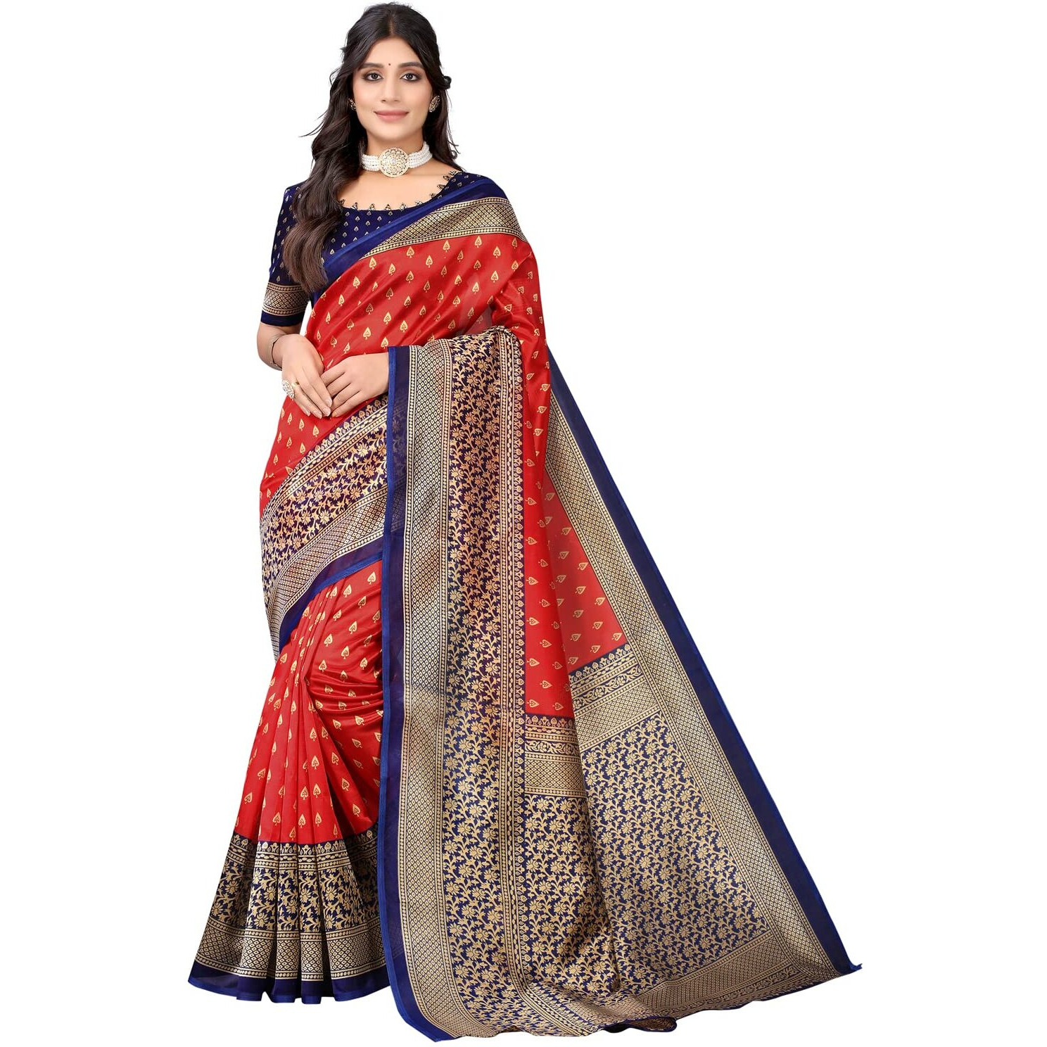 Satrani Women's Printed Poly Silk Saree with Unstitched Blouse Piece(2438ST892_Red1)