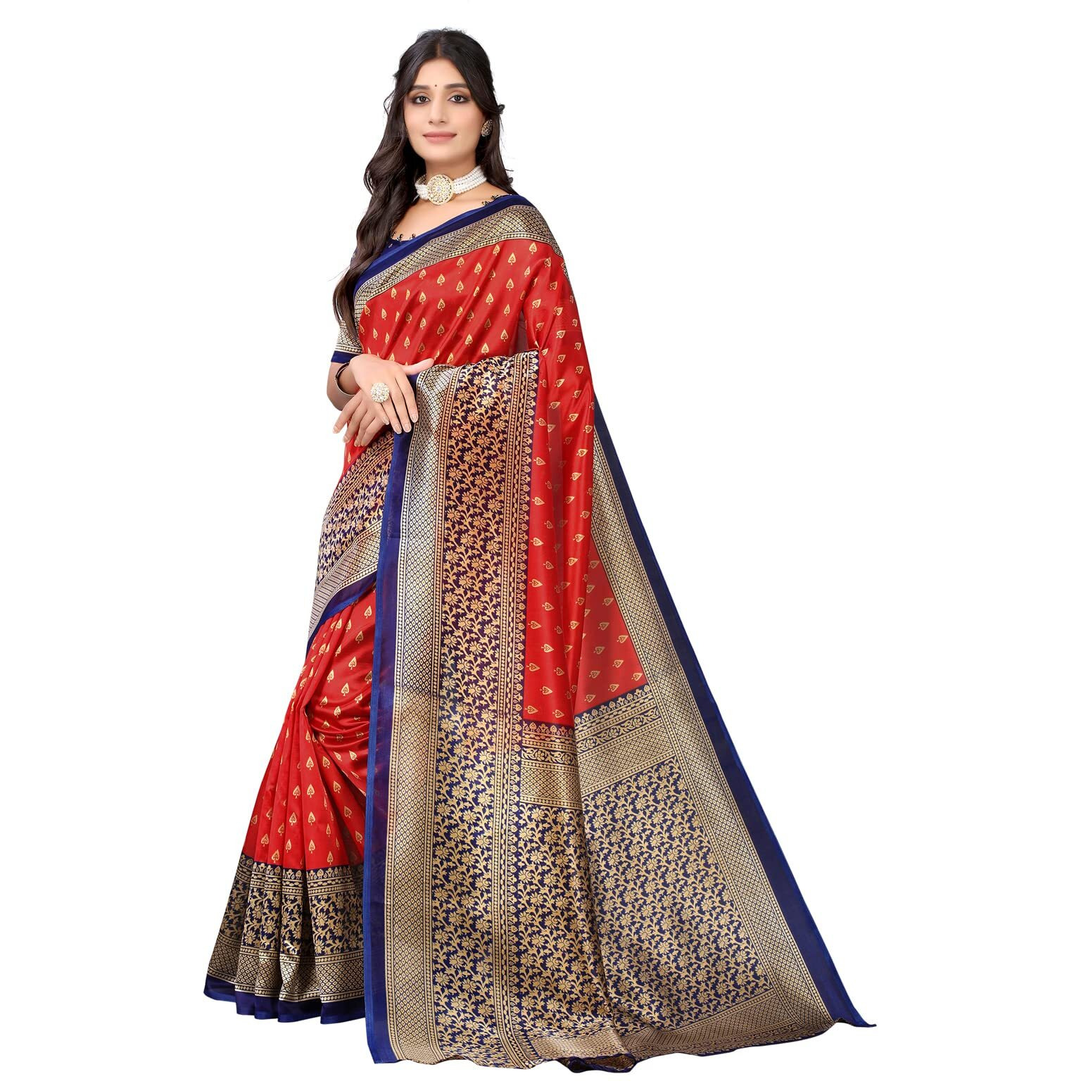 Satrani Women's Printed Poly Silk Saree with Unstitched Blouse Piece(2438ST892_Red1)
