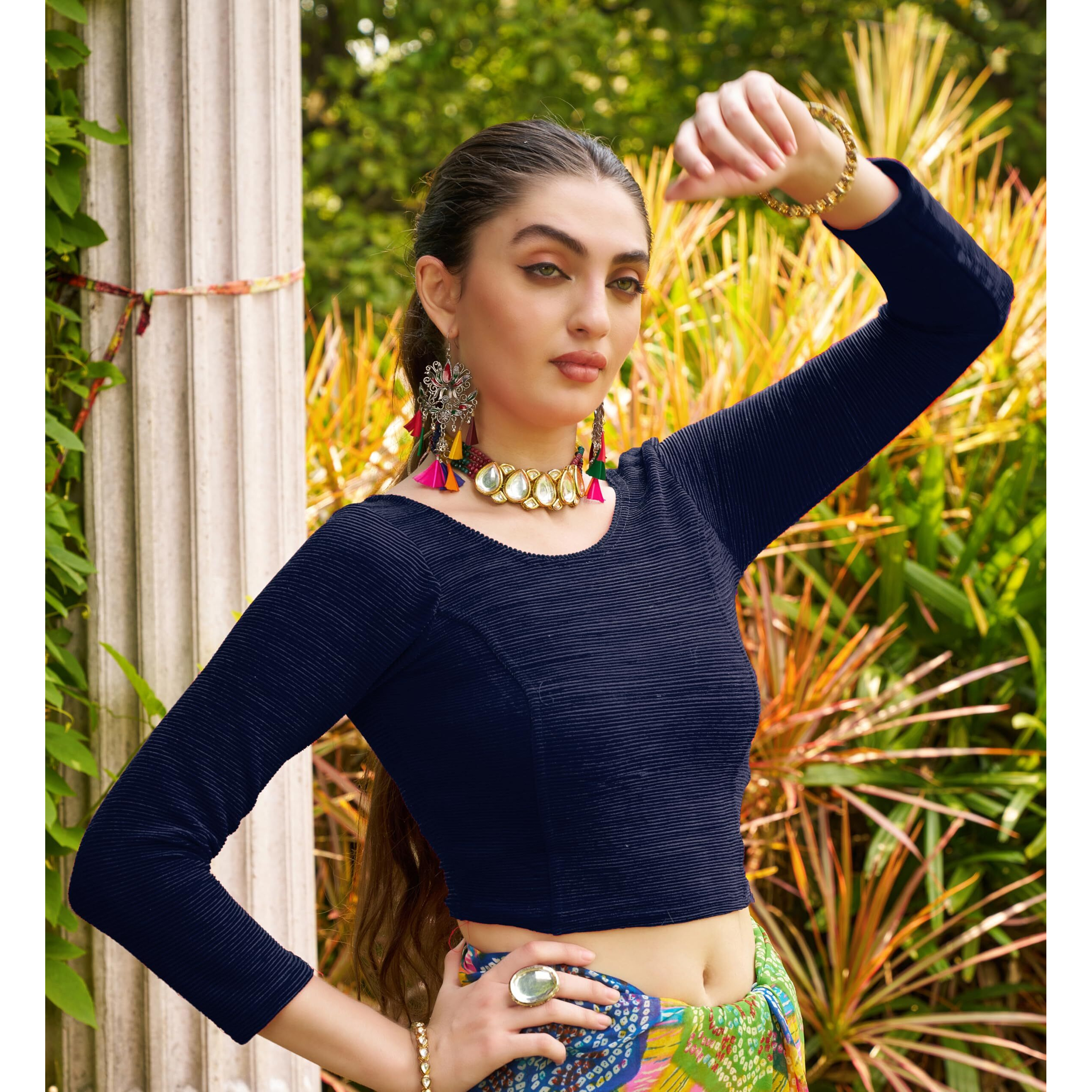 Pujia Mills Blouse Readymade Black Color 3/4 Sleeve Blouses for Women Readymade Stylish Blouse for Women Stretchable Imported Velvet Fabric (Navy Blue, L)