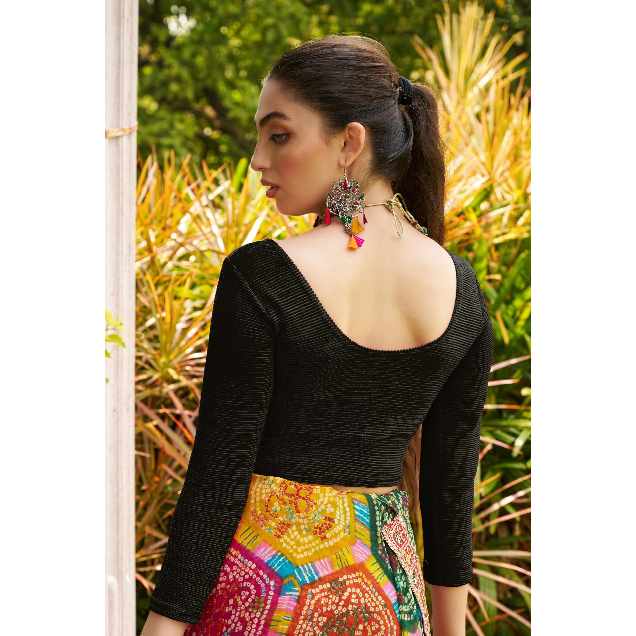 Pujia Mills Blouse Readymade Black Color 3/4 Sleeve Blouses for Women Readymade Stylish Blouse for Women Stretchable Imported Velvet Fabric (Black, XXL)