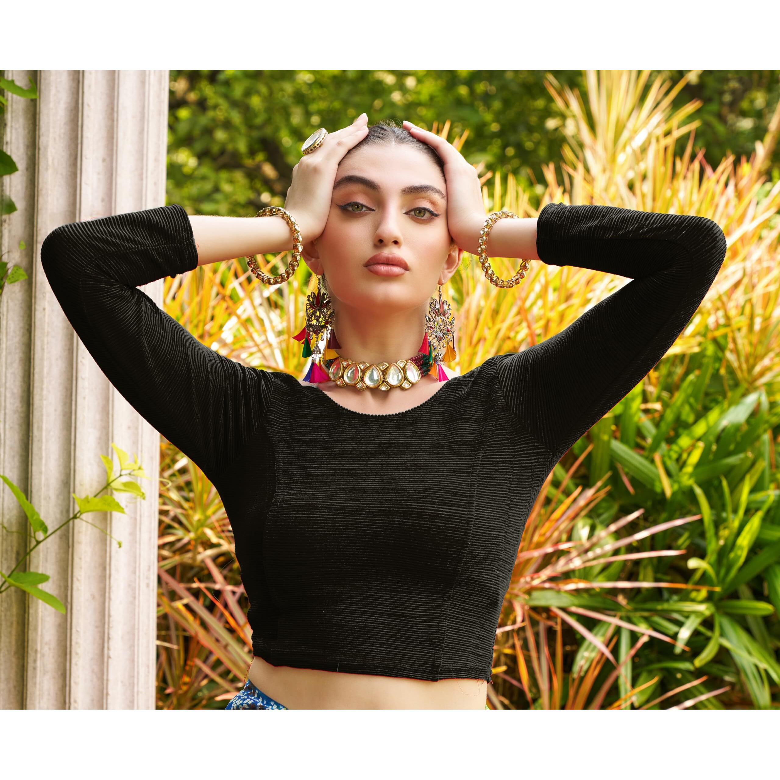 Pujia Mills Blouse Readymade Black Color 3/4 Sleeve Blouses for Women Readymade Stylish Blouse for Women Stretchable Imported Velvet Fabric (Black, XXL)