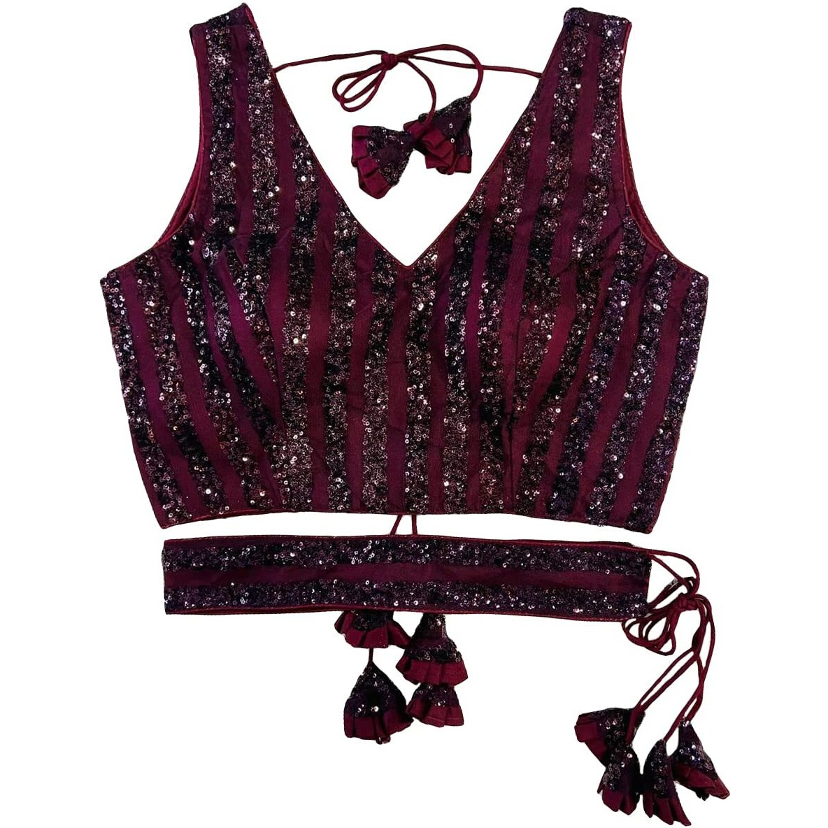 Pujia Mills Women's Emblished Sequins Sleeveless Fancy Wine Blouse with Belt(Sequins Belt Wine_38)