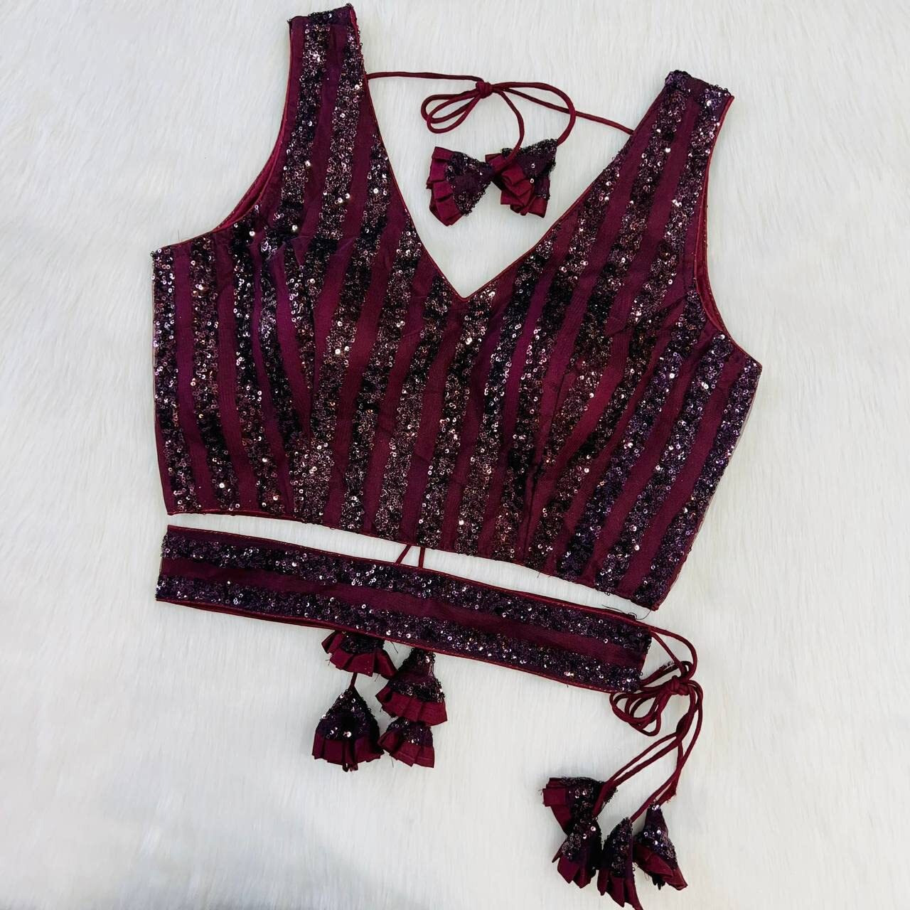 Pujia Mills Women's Emblished Sequins Sleeveless Fancy Wine Blouse with Belt(Sequins Belt Wine_38)