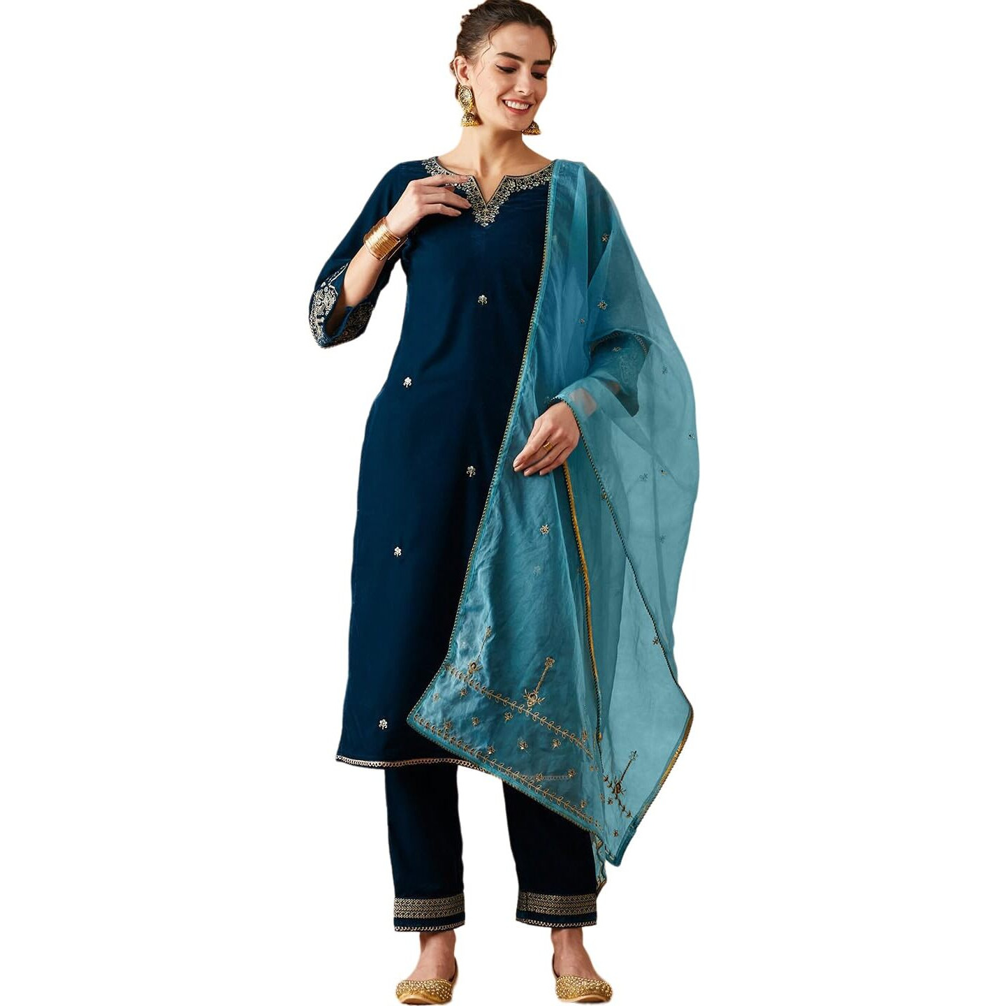 SheWill Womens Blue Embroidered Sequinned Velvet Kurta Set with Trousers & Dupatta