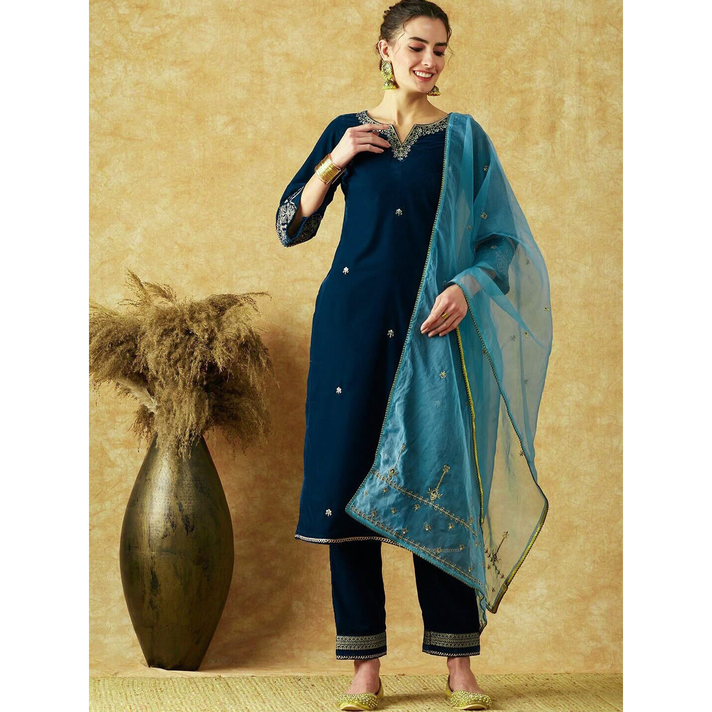 SheWill Womens Blue Embroidered Sequinned Velvet Kurta Set with Trousers & Dupatta