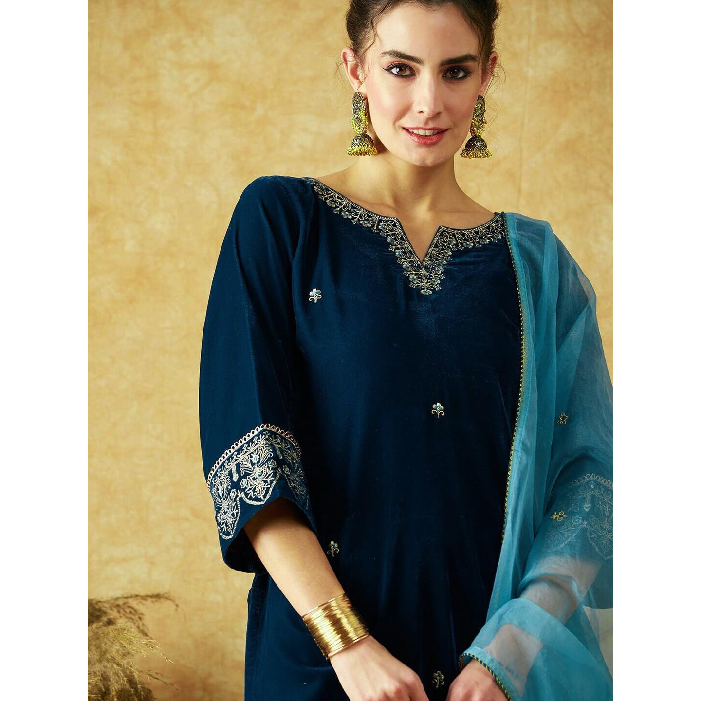 SheWill Womens Blue Embroidered Sequinned Velvet Kurta Set with Trousers & Dupatta