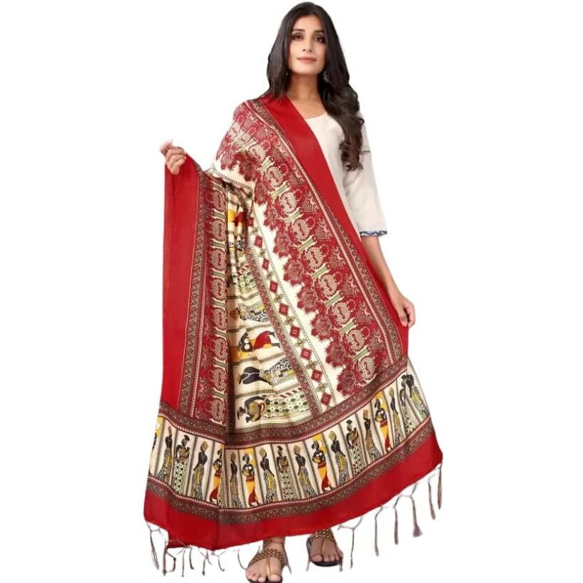 KEMZA Khadi Printed Tassel Women's Printed Cotton Silk Dupatta (Red) with Banarasi Print