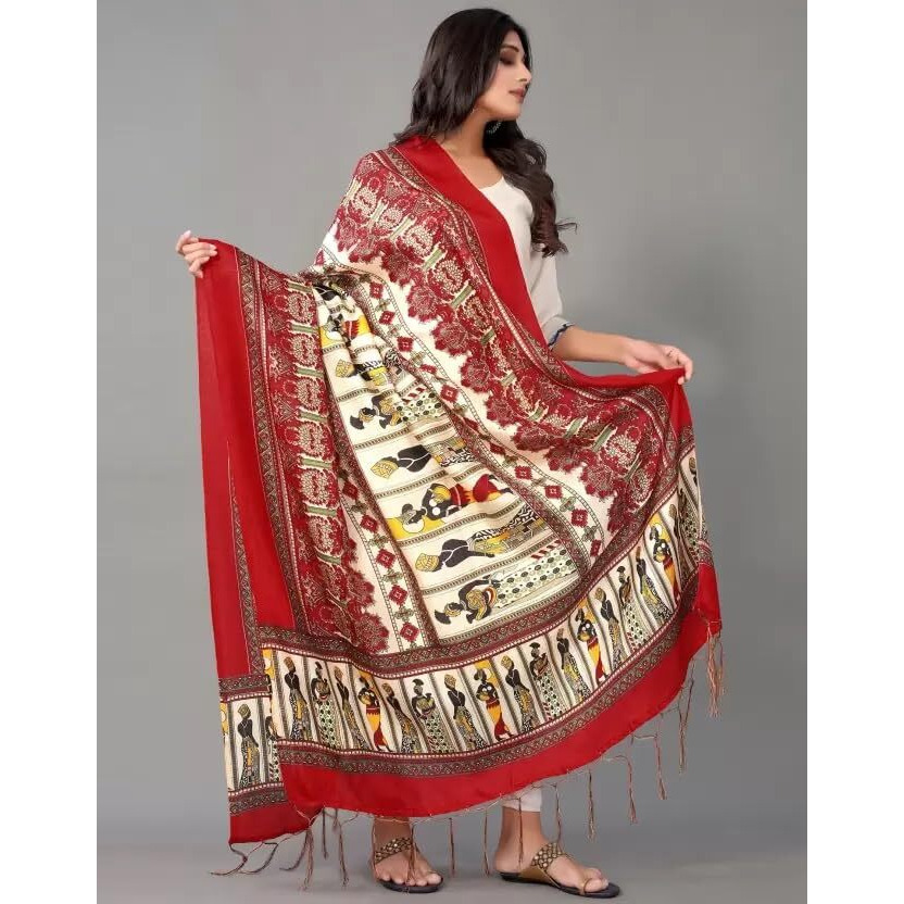 KEMZA Khadi Printed Tassel Women's Printed Cotton Silk Dupatta (Red) with Banarasi Print