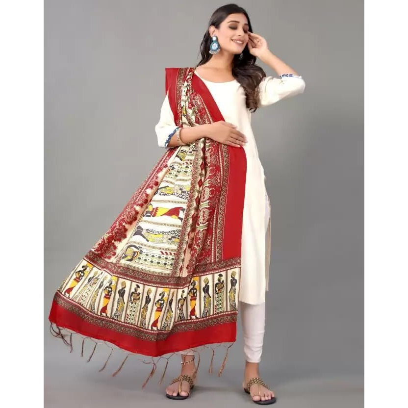 KEMZA Khadi Printed Tassel Women's Printed Cotton Silk Dupatta (Red) with Banarasi Print