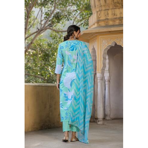 ANNI DESIGNER Women's Cotton Blend Straight Printed Kurta with Pant & Dupatta (Sohini Green_S_Green_Small)