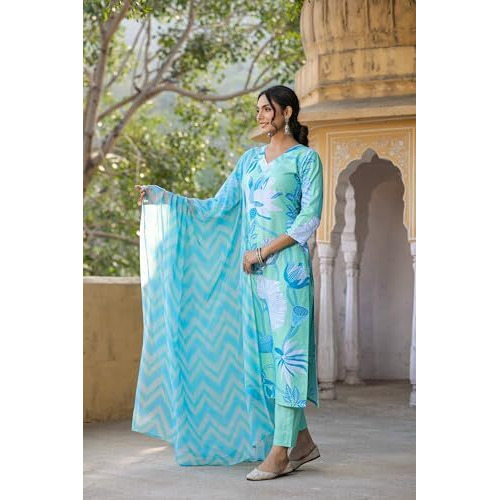 ANNI DESIGNER Women's Cotton Blend Straight Printed Kurta with Pant & Dupatta (Sohini Green_S_Green_Small)