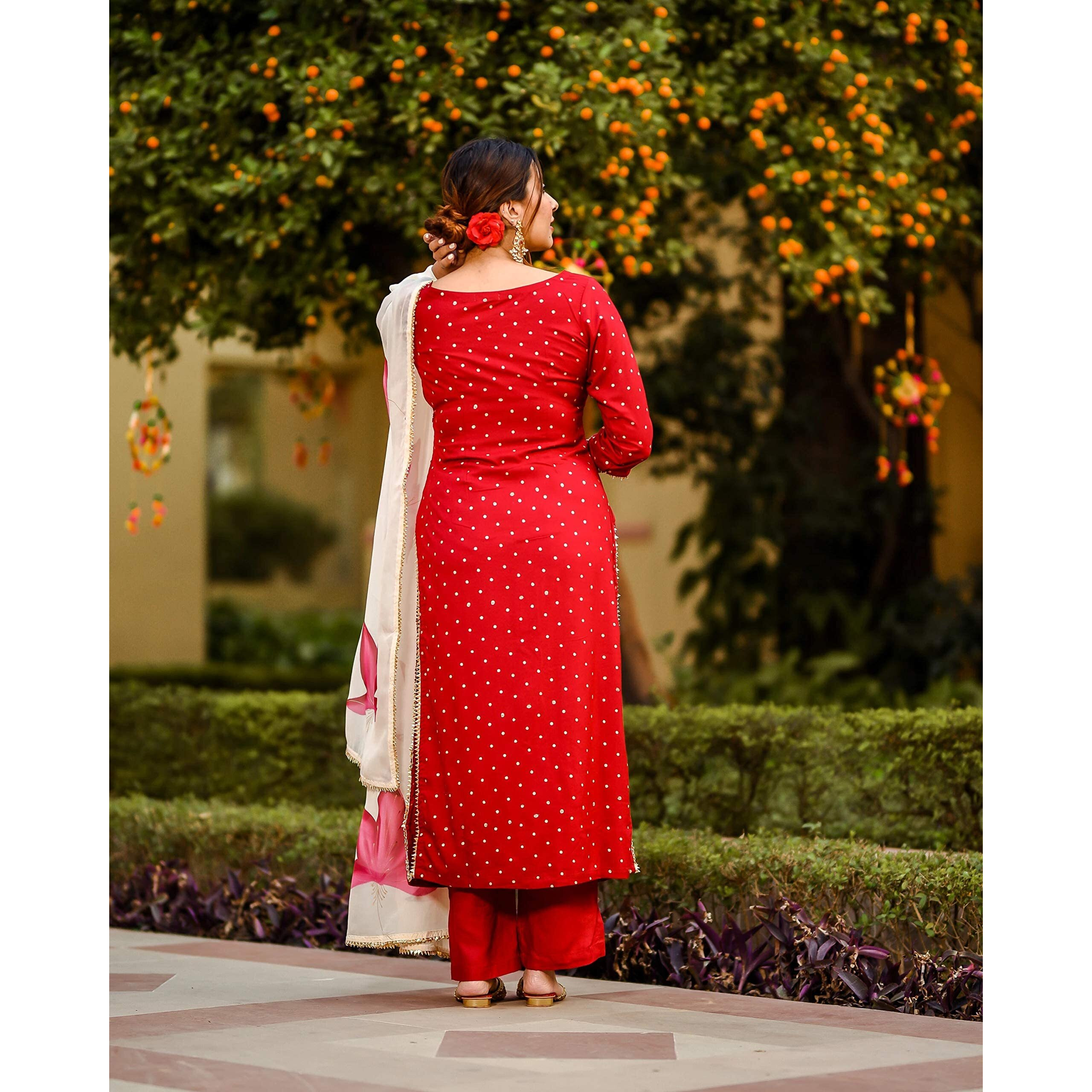 ANNI DESIGNER Women's Cotton Blend Straight Printed Kurta with Pant & Dupatta (Jam001-Red_L_Dark Blue_Large)