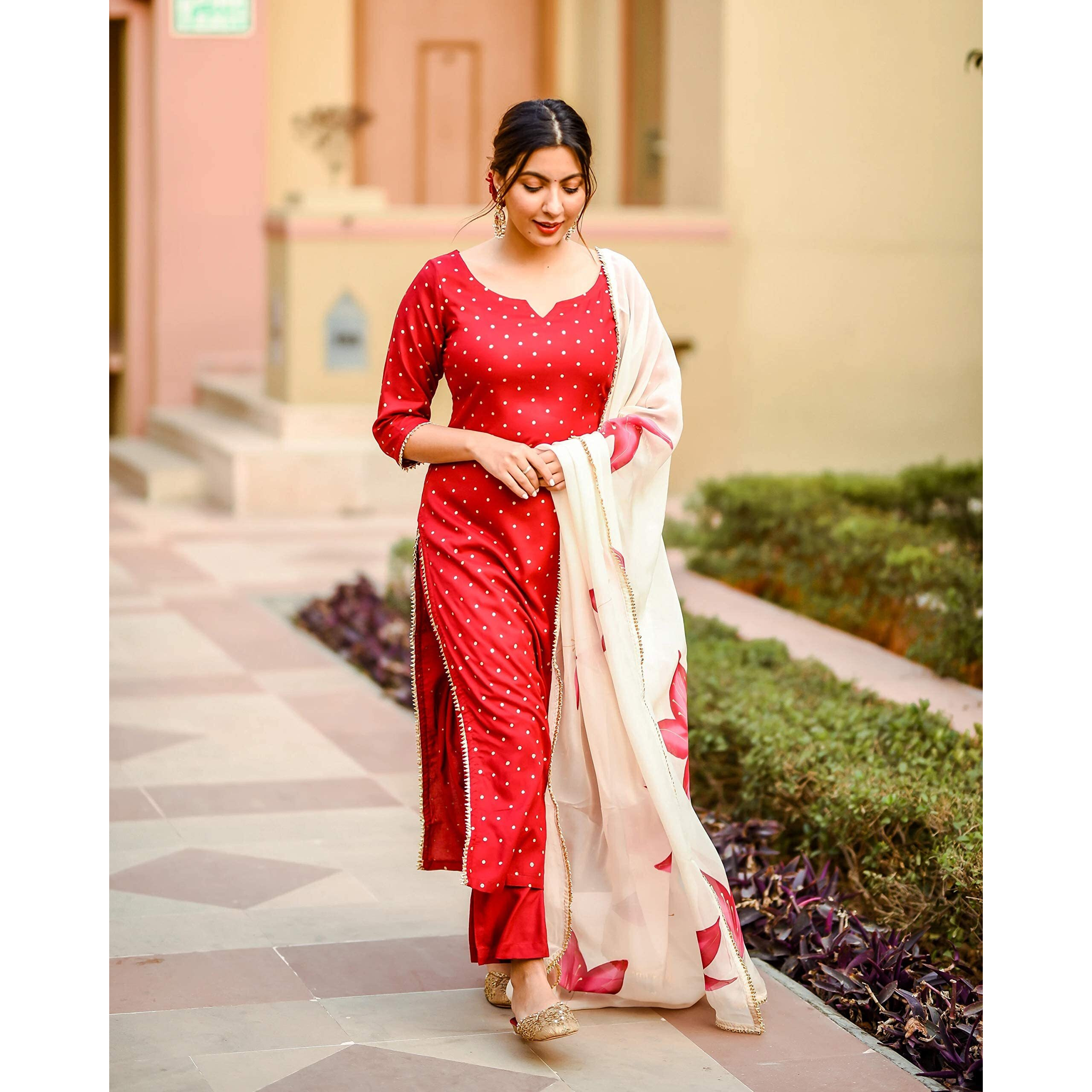 ANNI DESIGNER Women's Cotton Blend Straight Printed Kurta with Pant & Dupatta (Jam001-Red_L_Dark Blue_Large)